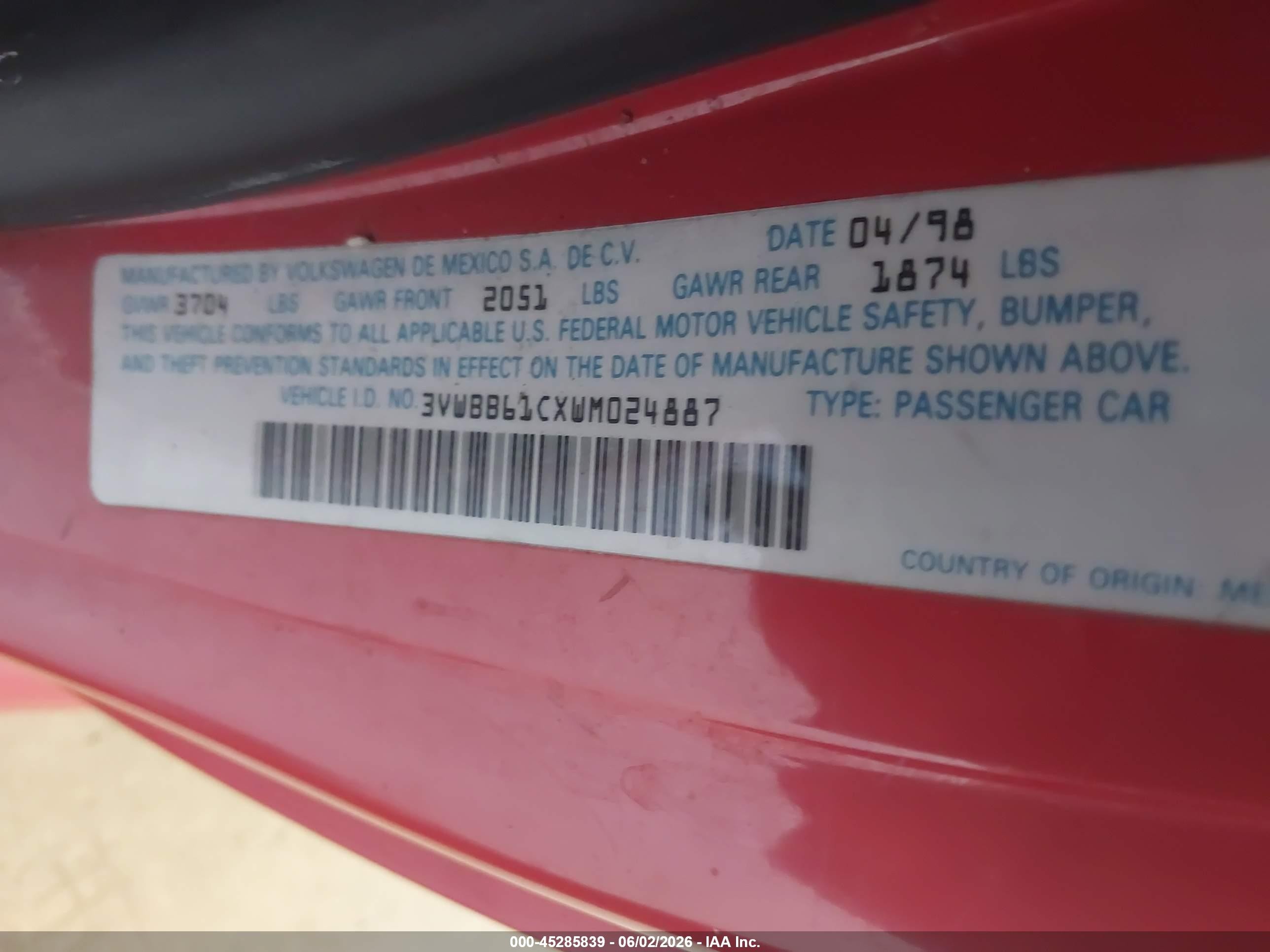 1998 Volkswagen New Beetle   Red vin: 3VWBB61CXWM024887