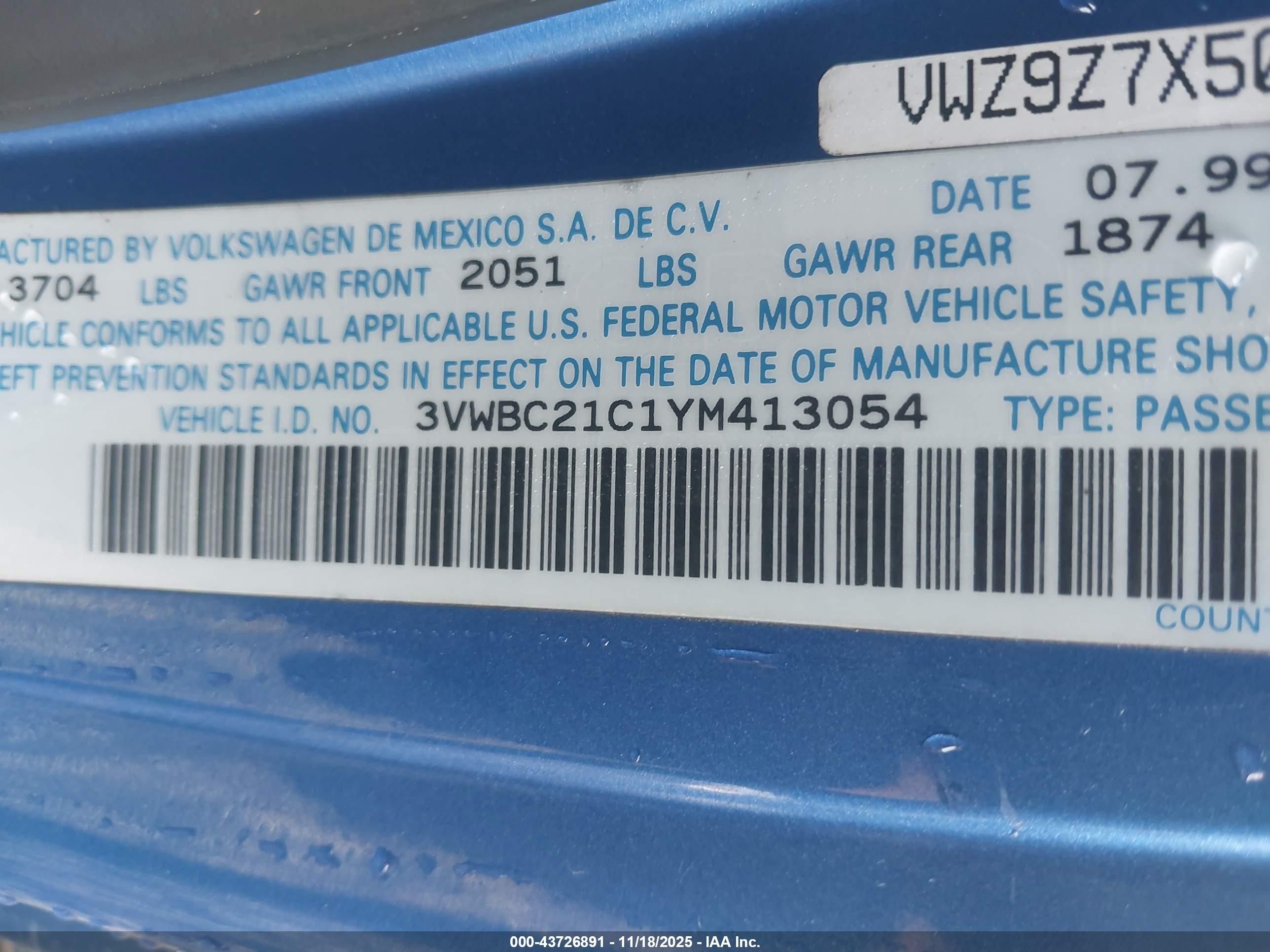 2000 Volkswagen New Beetle Gl Blue vin: 3VWBC21C1YM413054