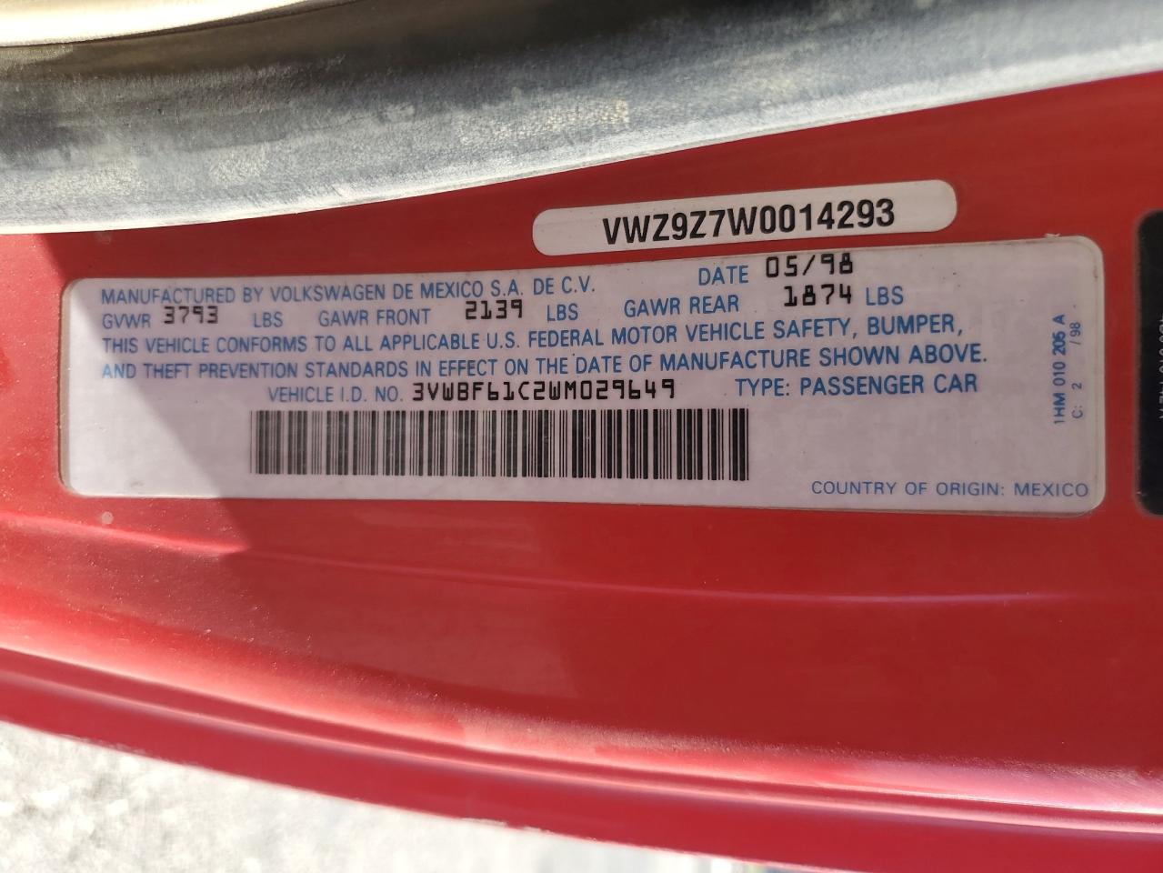 1998 Volkswagen New Beetle Tdi Red vin: 3VWBF61C2WM029649