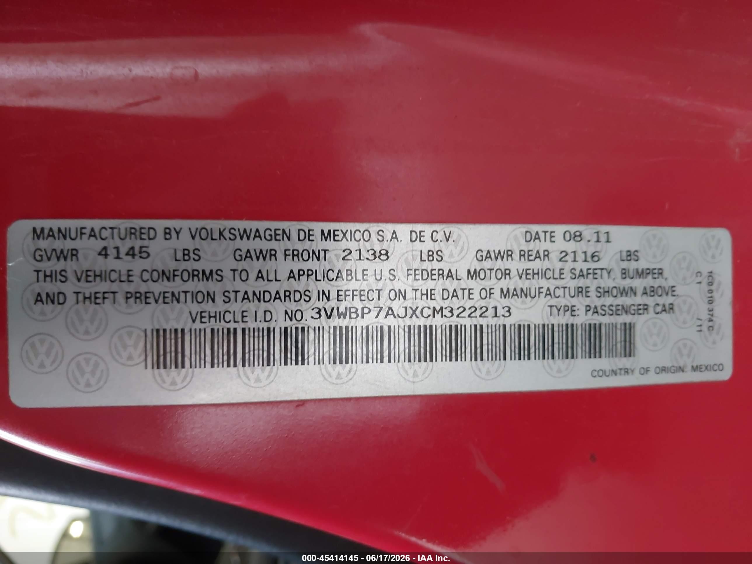 2012 Volkswagen Jetta 2.5l Se Red vin: 3VWBP7AJXCM322213