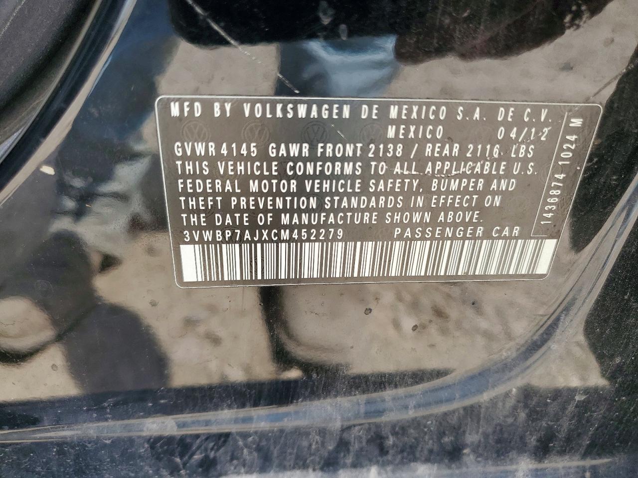 2012 Volkswagen Jetta Se Black vin: 3VWBP7AJXCM452279