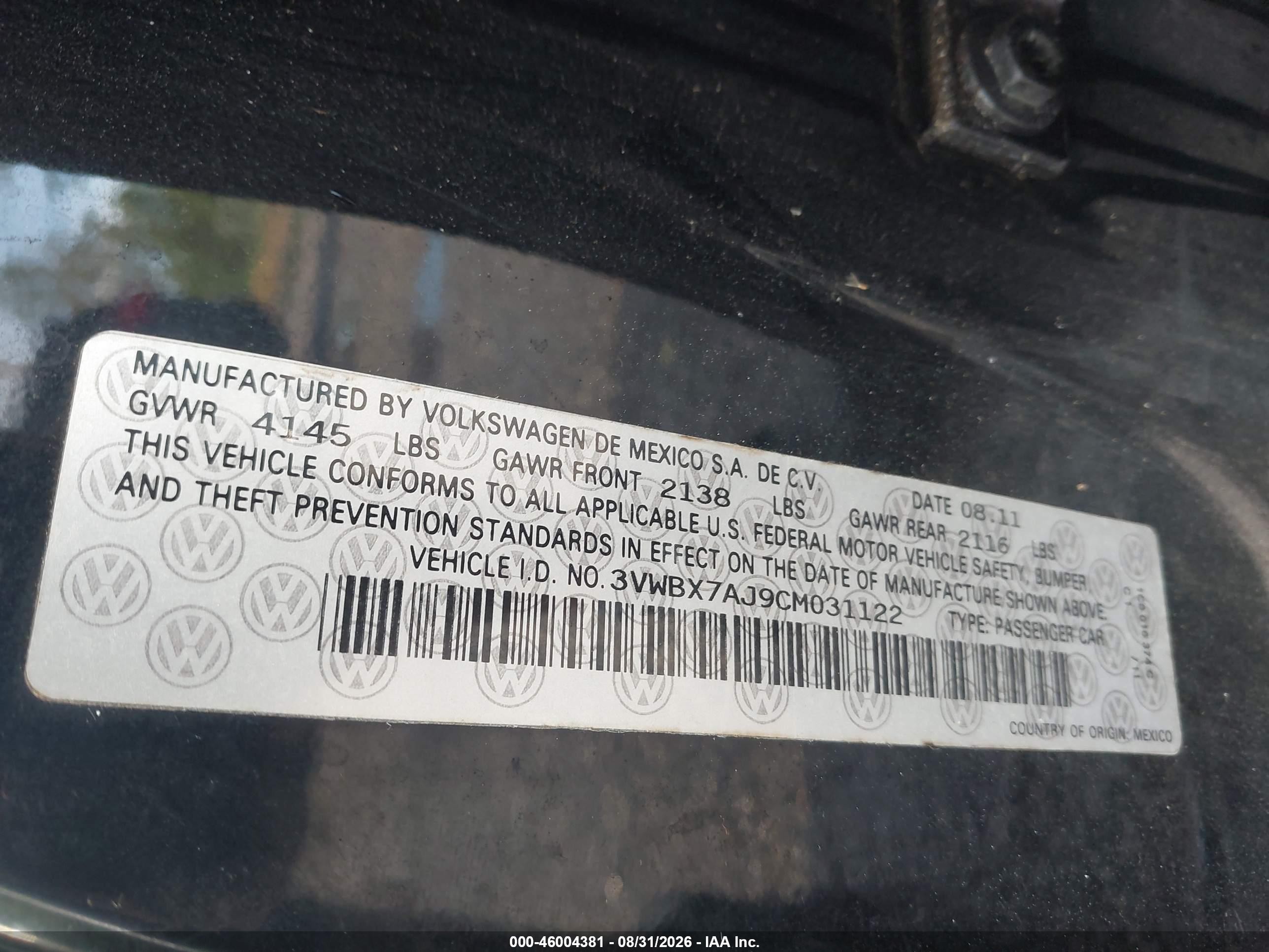2012 Volkswagen Jetta 2.5l Se Black vin: 3VWBX7AJ9CM031122
