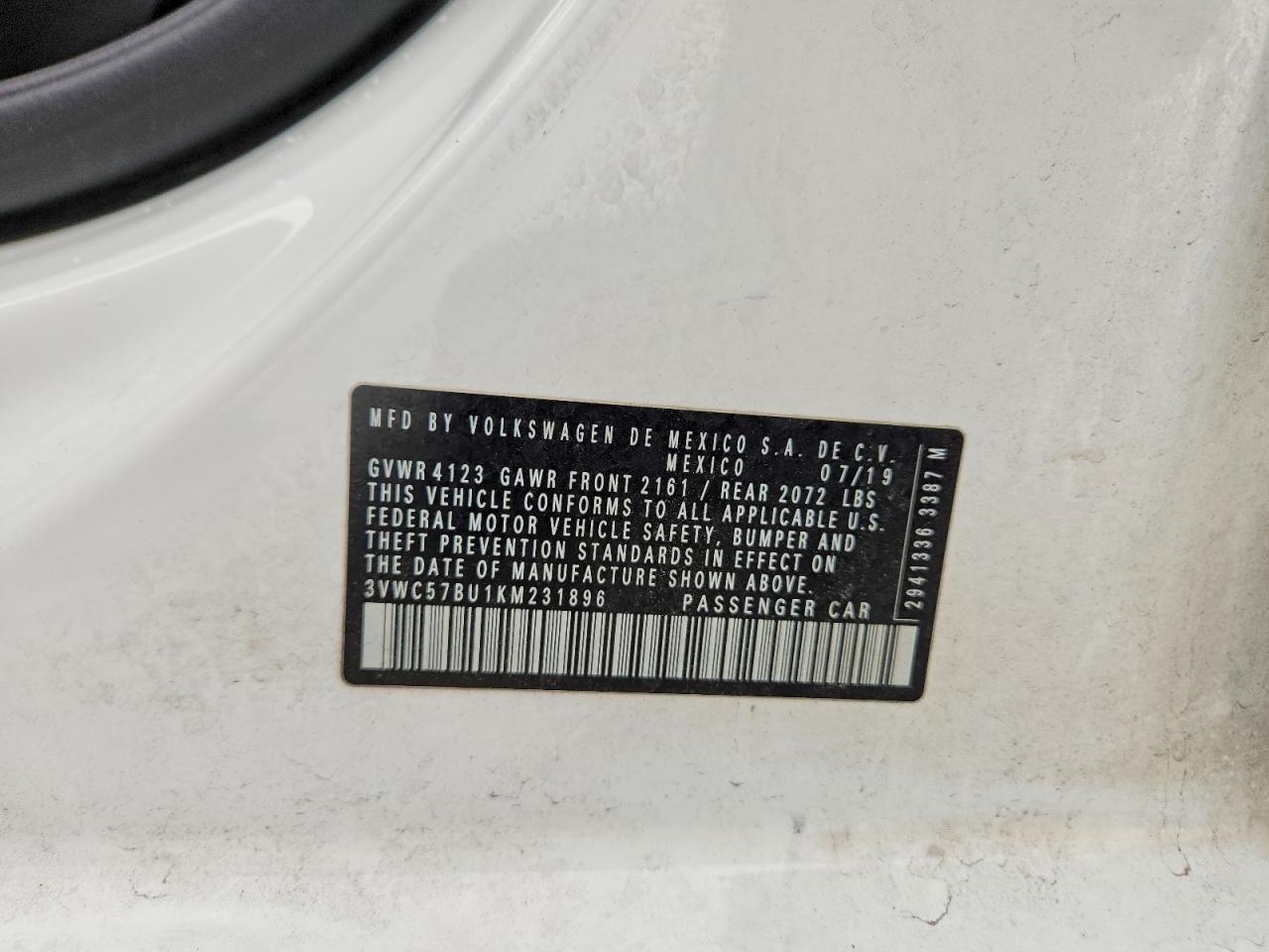 2019 Volkswagen Jetta S White vin: 3VWC57BU1KM231896