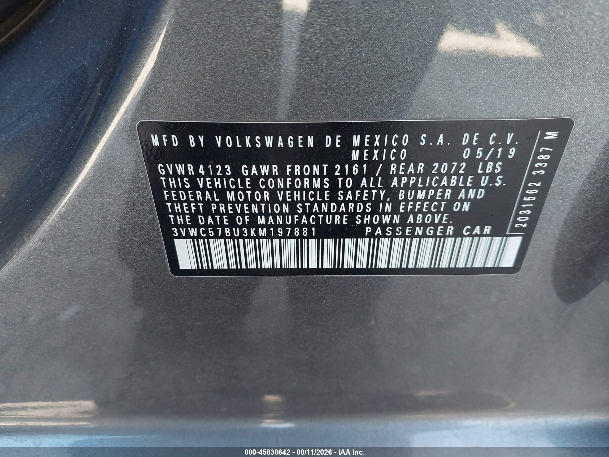 2019 Volkswagen Jetta 1.4t R-line/1.4t S/1.4t Se Gray vin: 3VWC57BU3KM197881