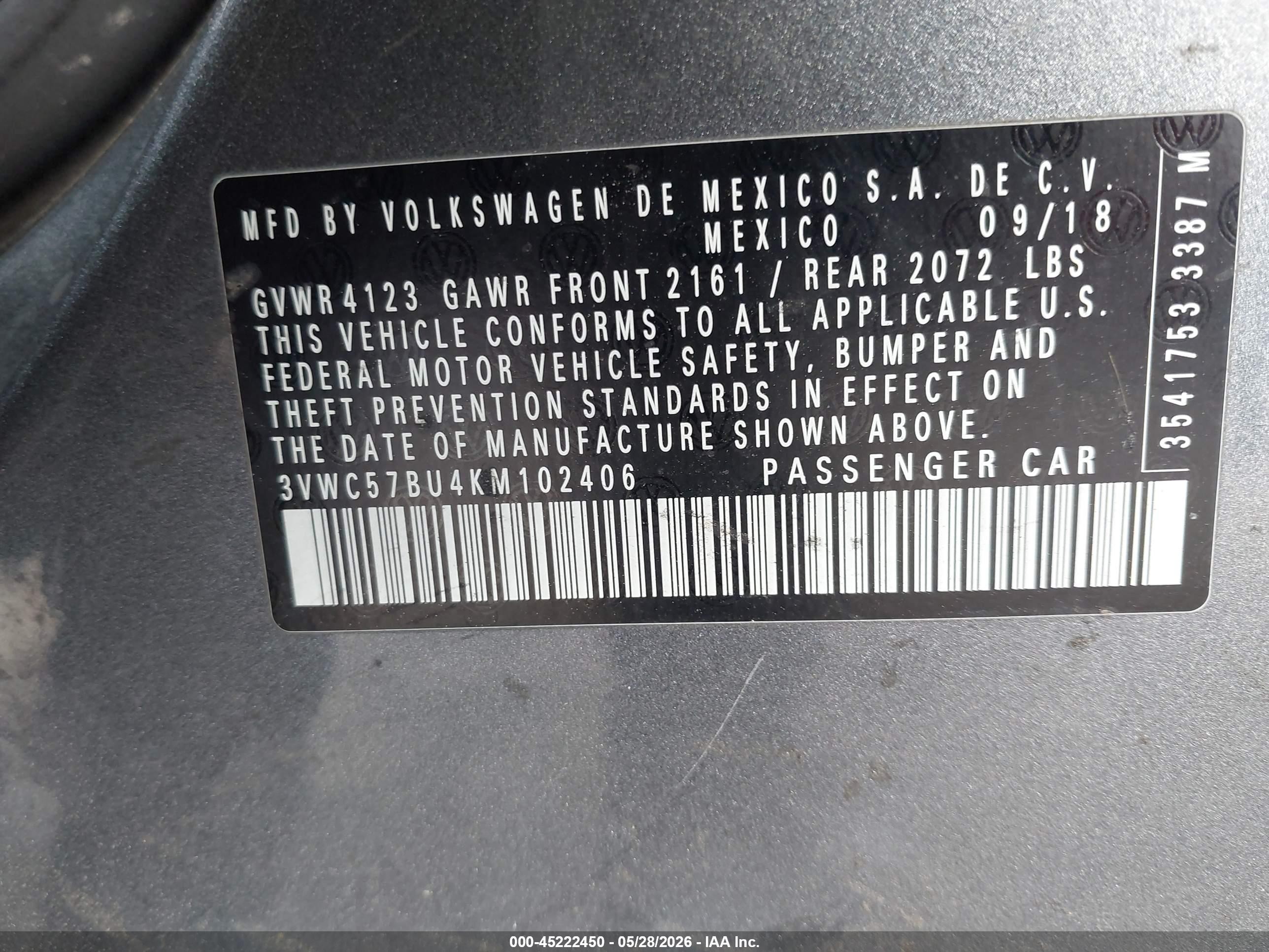 2019 Volkswagen Jetta 1.4t R-line/1.4t S/1.4t Se Gray vin: 3VWC57BU4KM102406