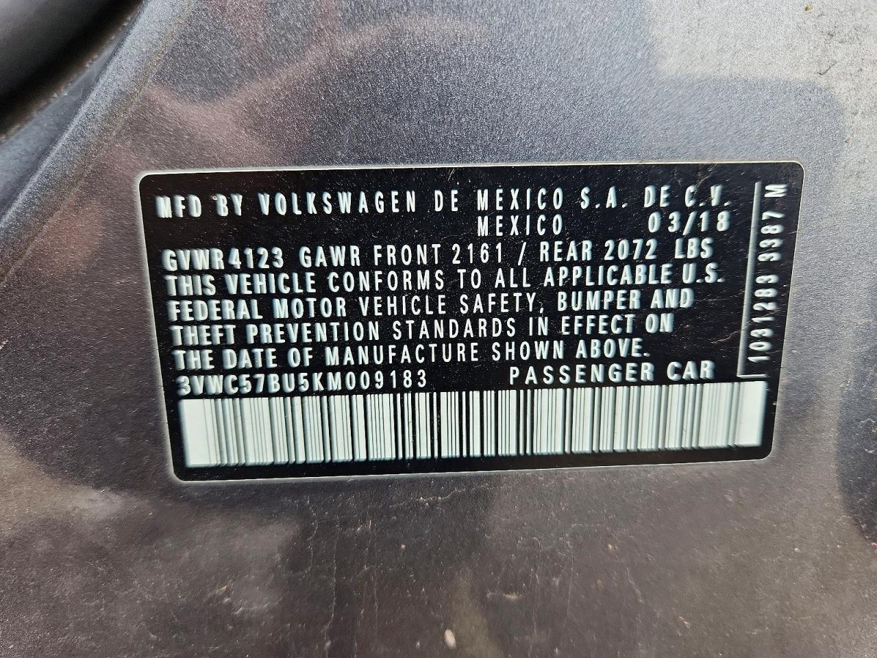 2019 Volkswagen Jetta S Gray vin: 3VWC57BU5KM009183
