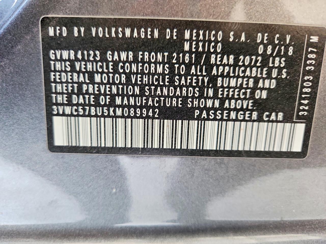 2019 Volkswagen Jetta S Gray vin: 3VWC57BU5KM089942
