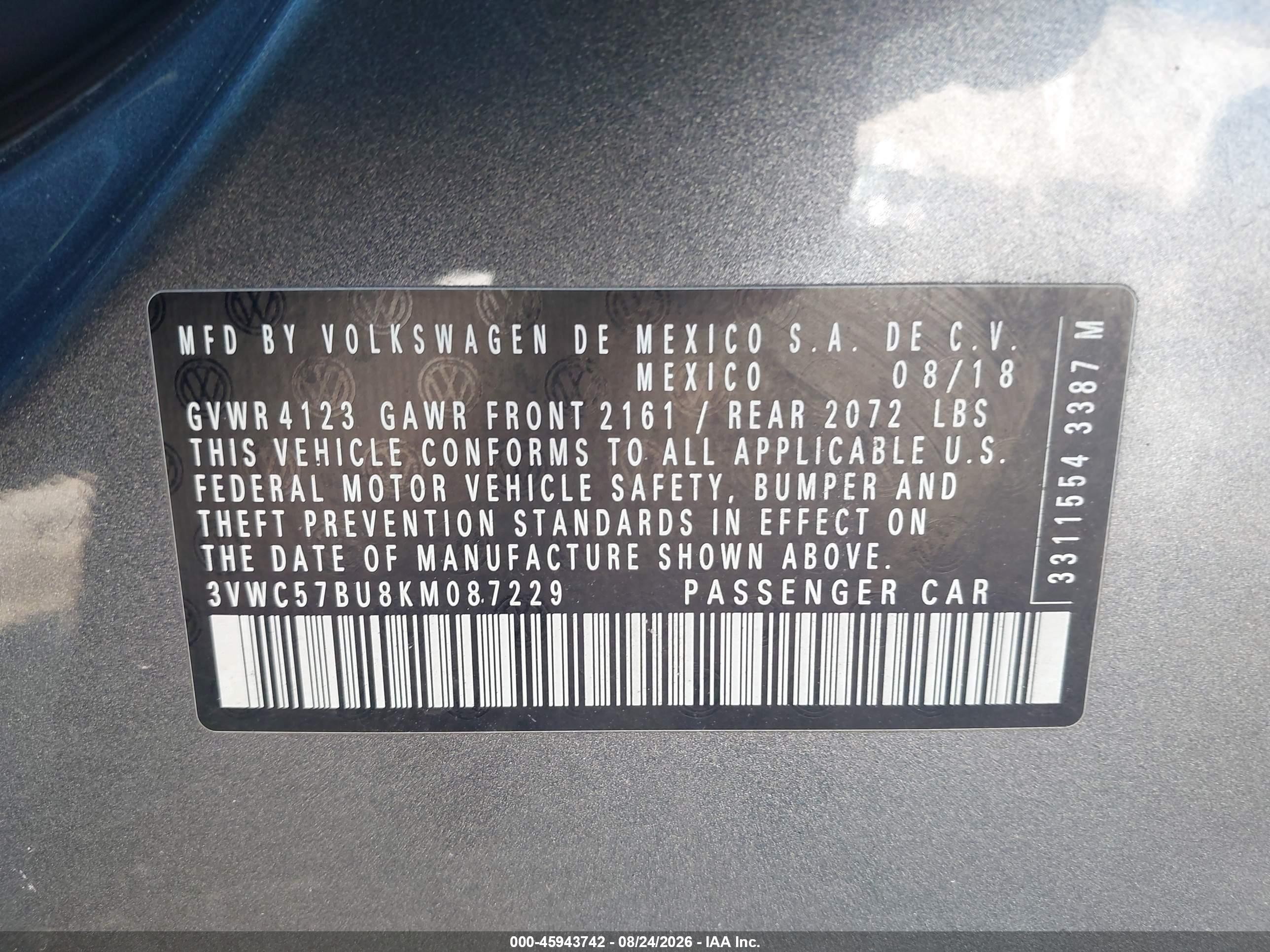2019 Volkswagen Jetta 1.4t R-line/1.4t S/1.4t Se Gray vin: 3VWC57BU8KM087229