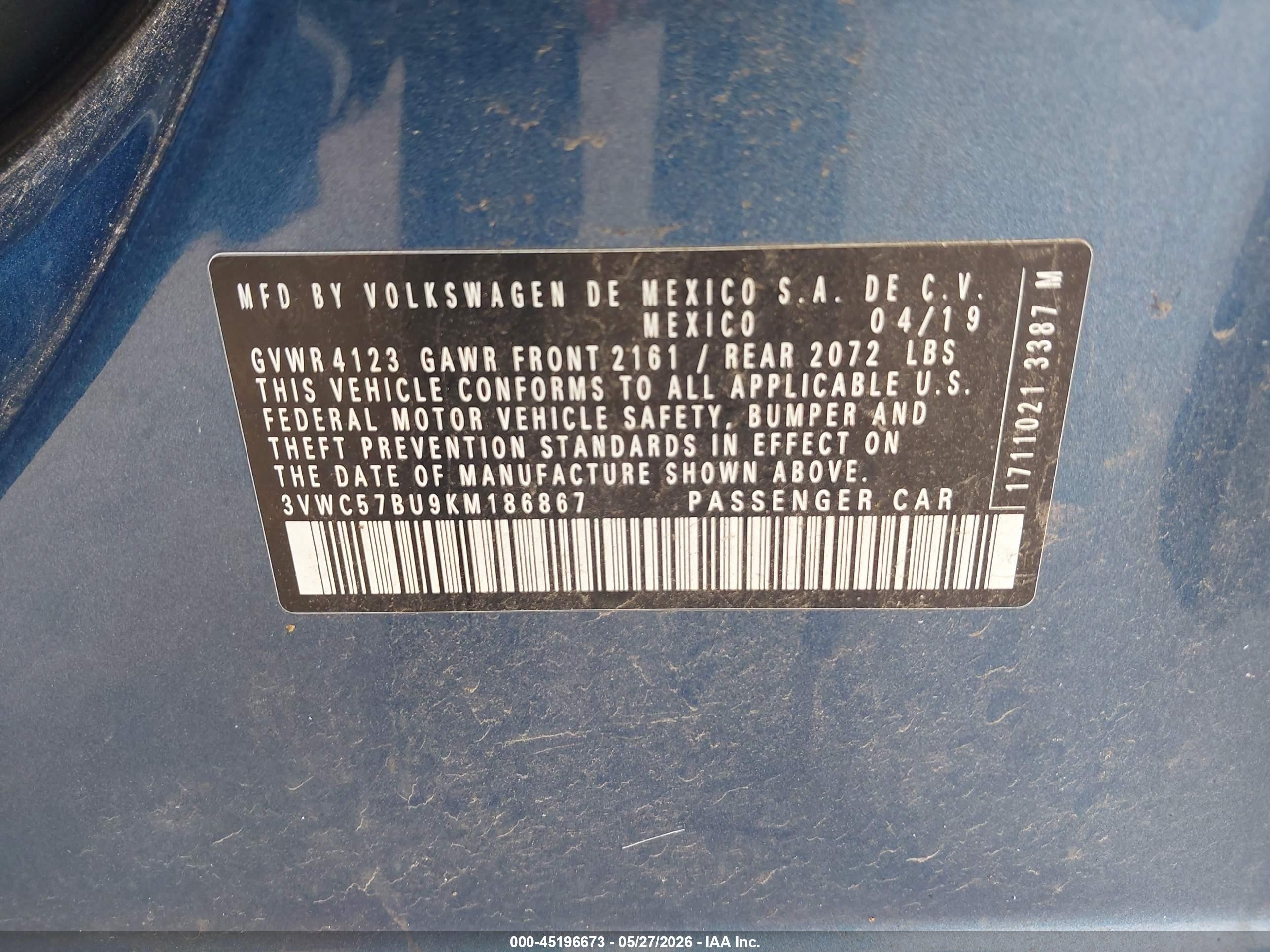 2019 Volkswagen Jetta 1.4t R-line/1.4t S/1.4t Se Синий vin: 3VWC57BU9KM186867