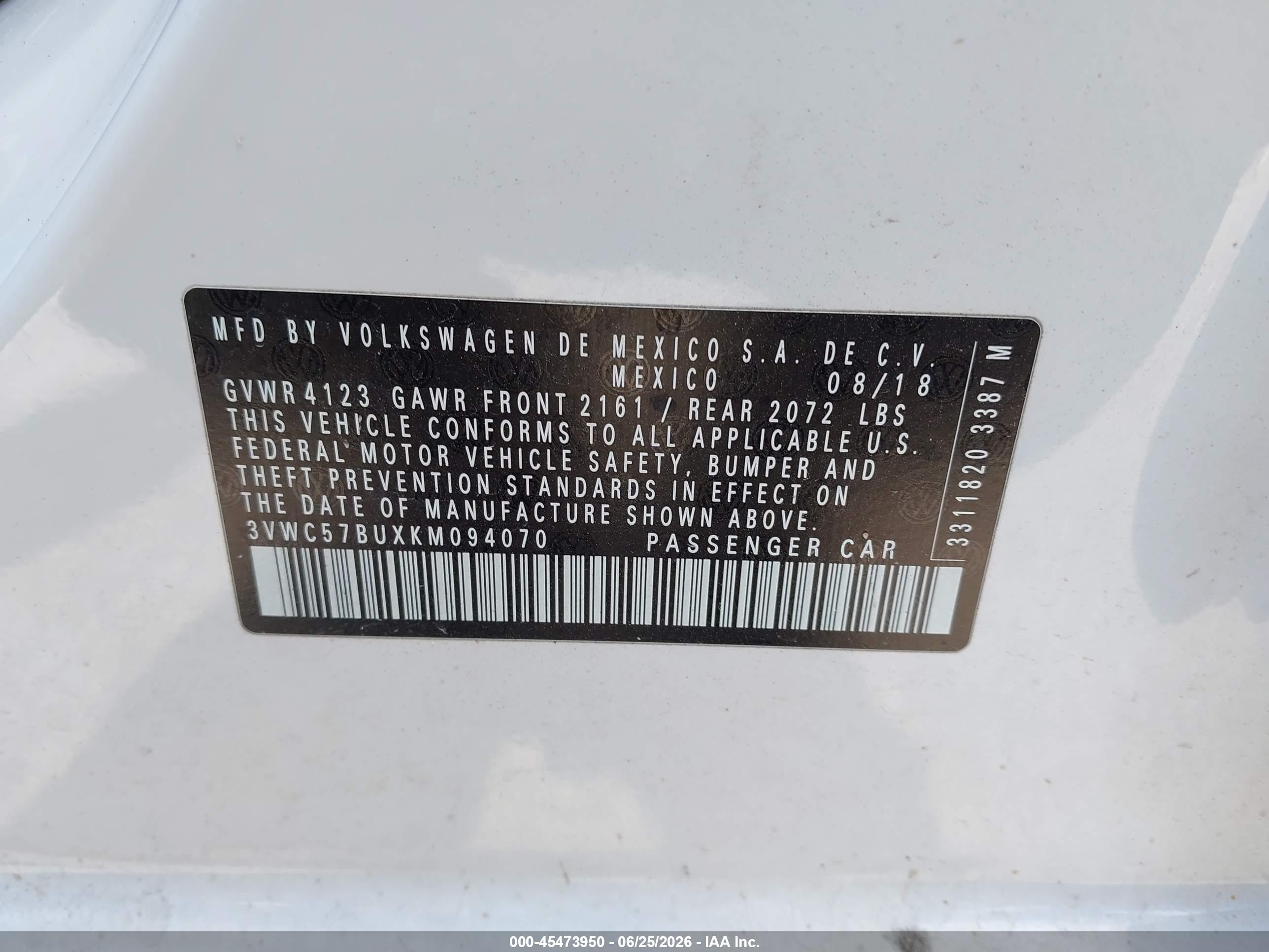 2019 Volkswagen Jetta 1.4t R-line/1.4t S/1.4t Se White vin: 3VWC57BUXKM094070