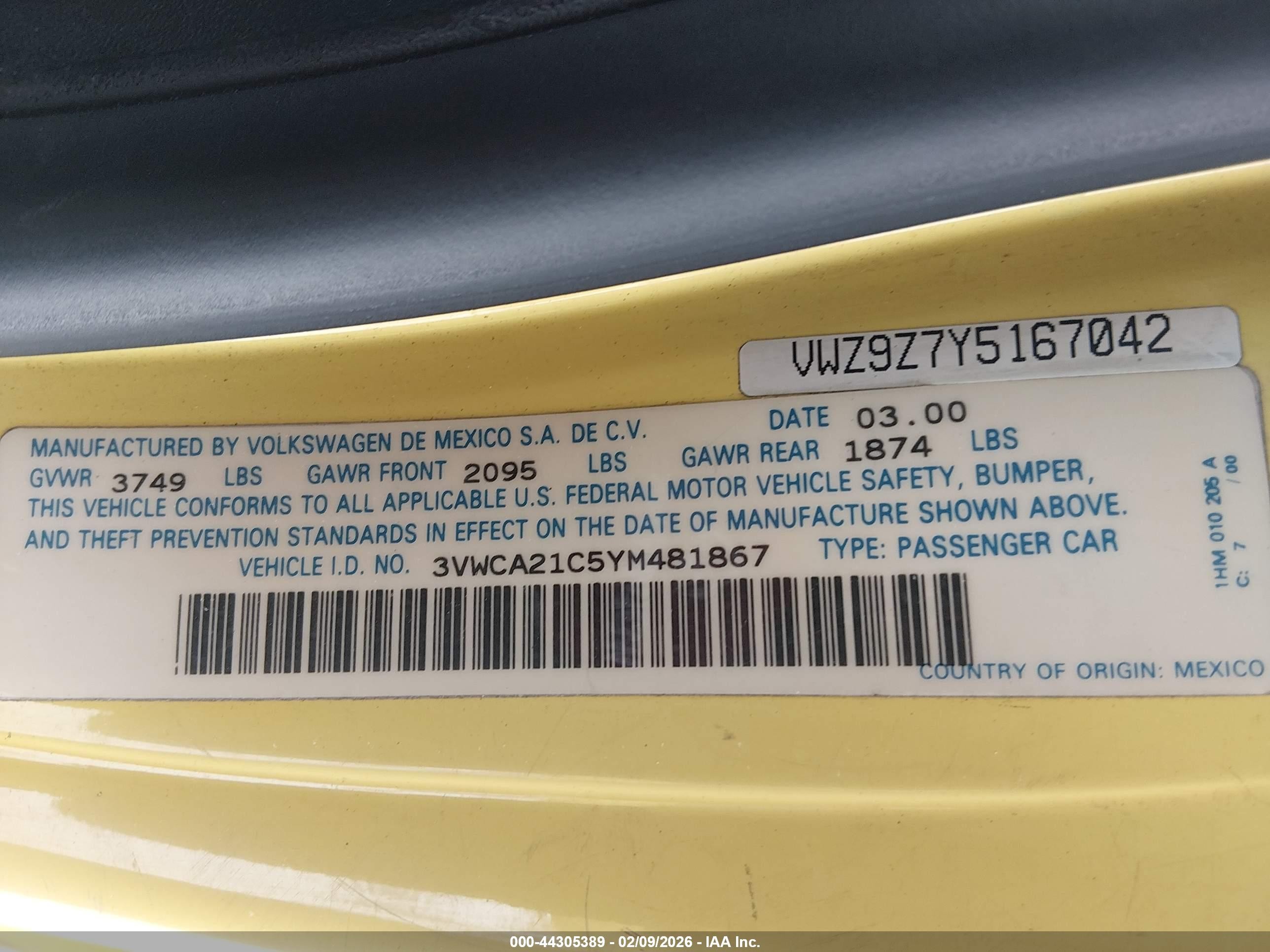 2000 Volkswagen New Beetle Gls Yellow vin: 3VWCA21C5YM481867