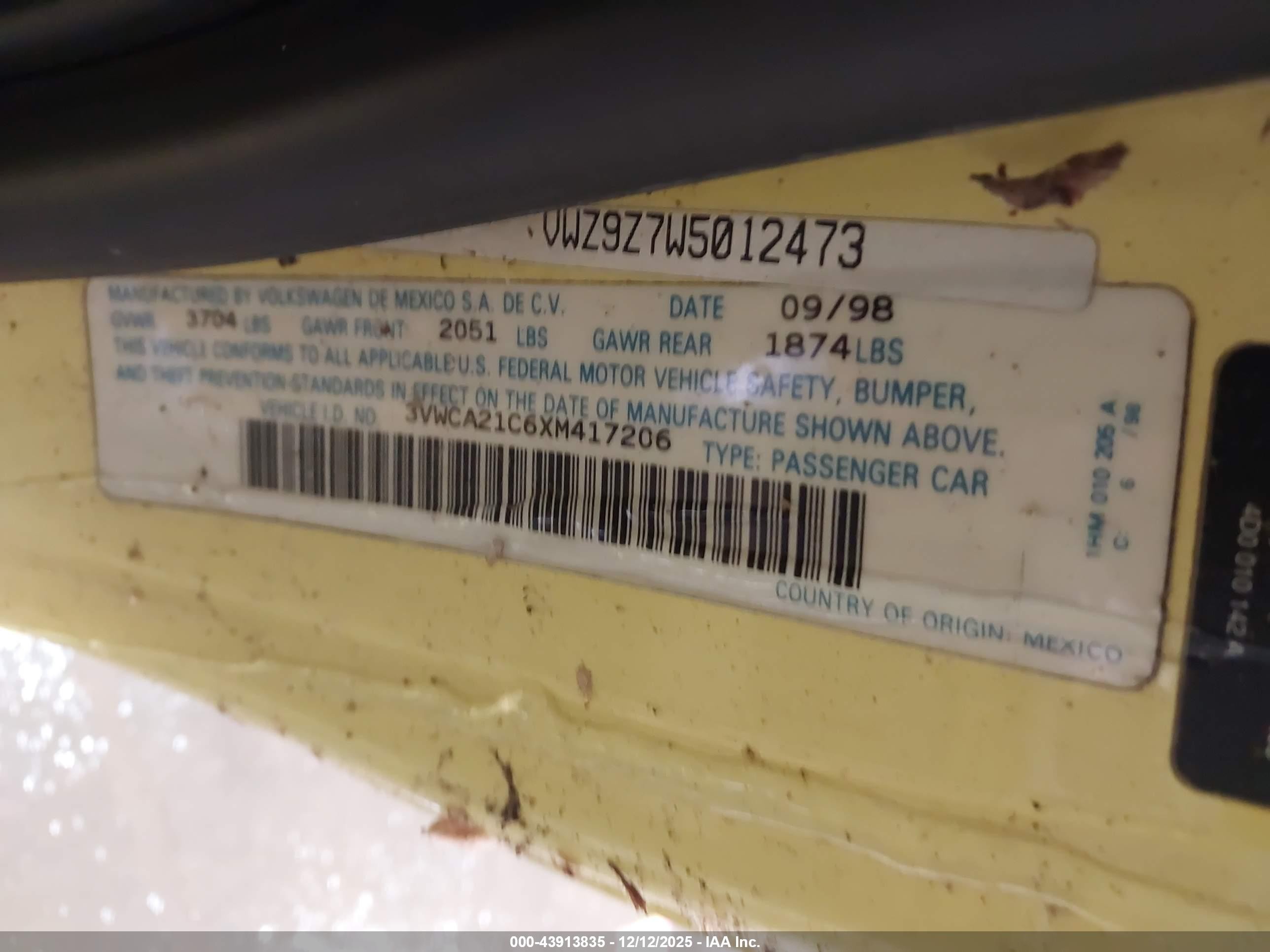 1999 Volkswagen New Beetle Gls Yellow vin: 3VWCA21C6XM417206