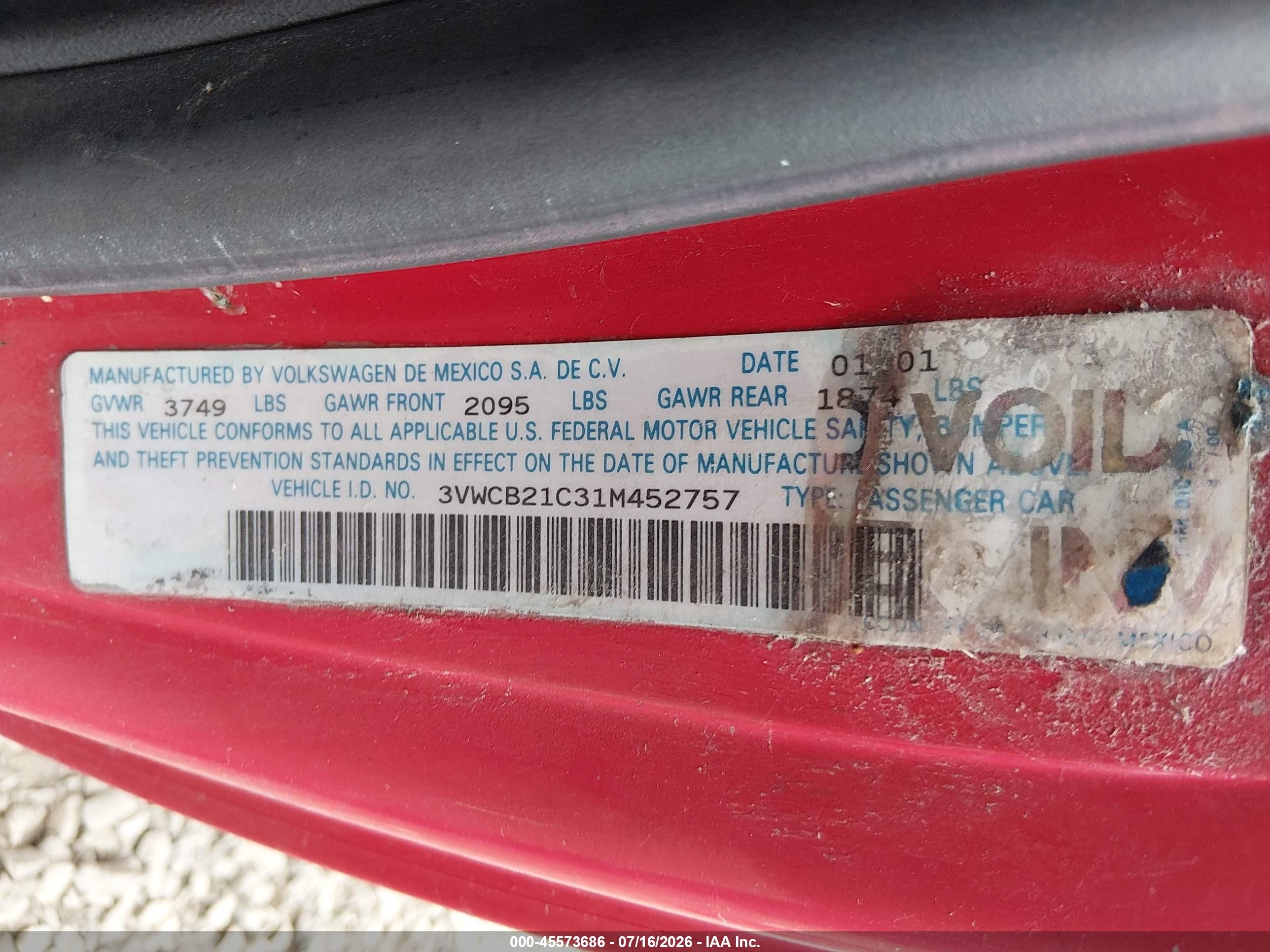 2001 Volkswagen New Beetle Gls Red vin: 3VWCB21C31M452757