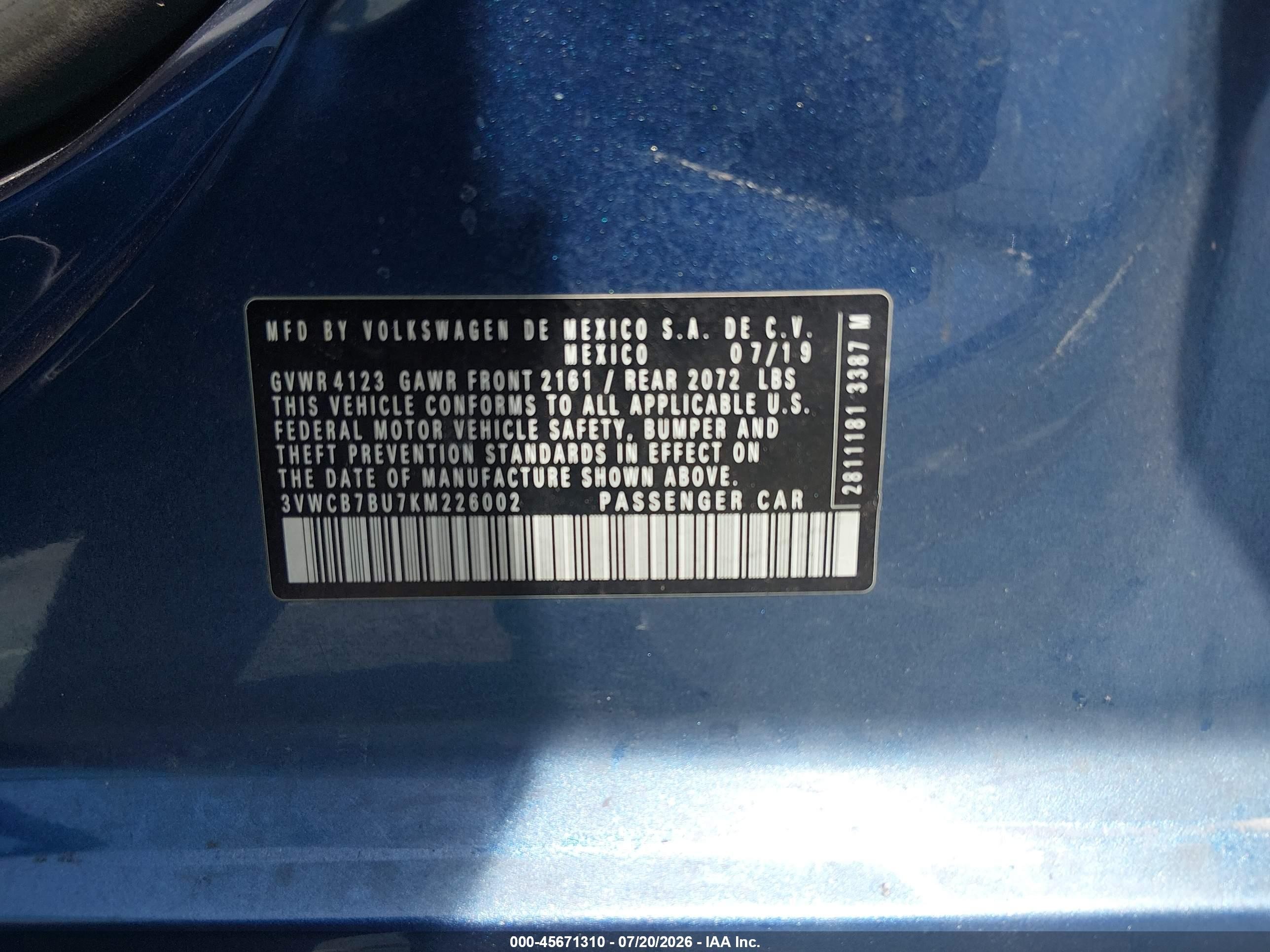 2019 Volkswagen Jetta 1.4t R-line/1.4t S/1.4t Se Blue vin: 3VWCB7BU7KM226002