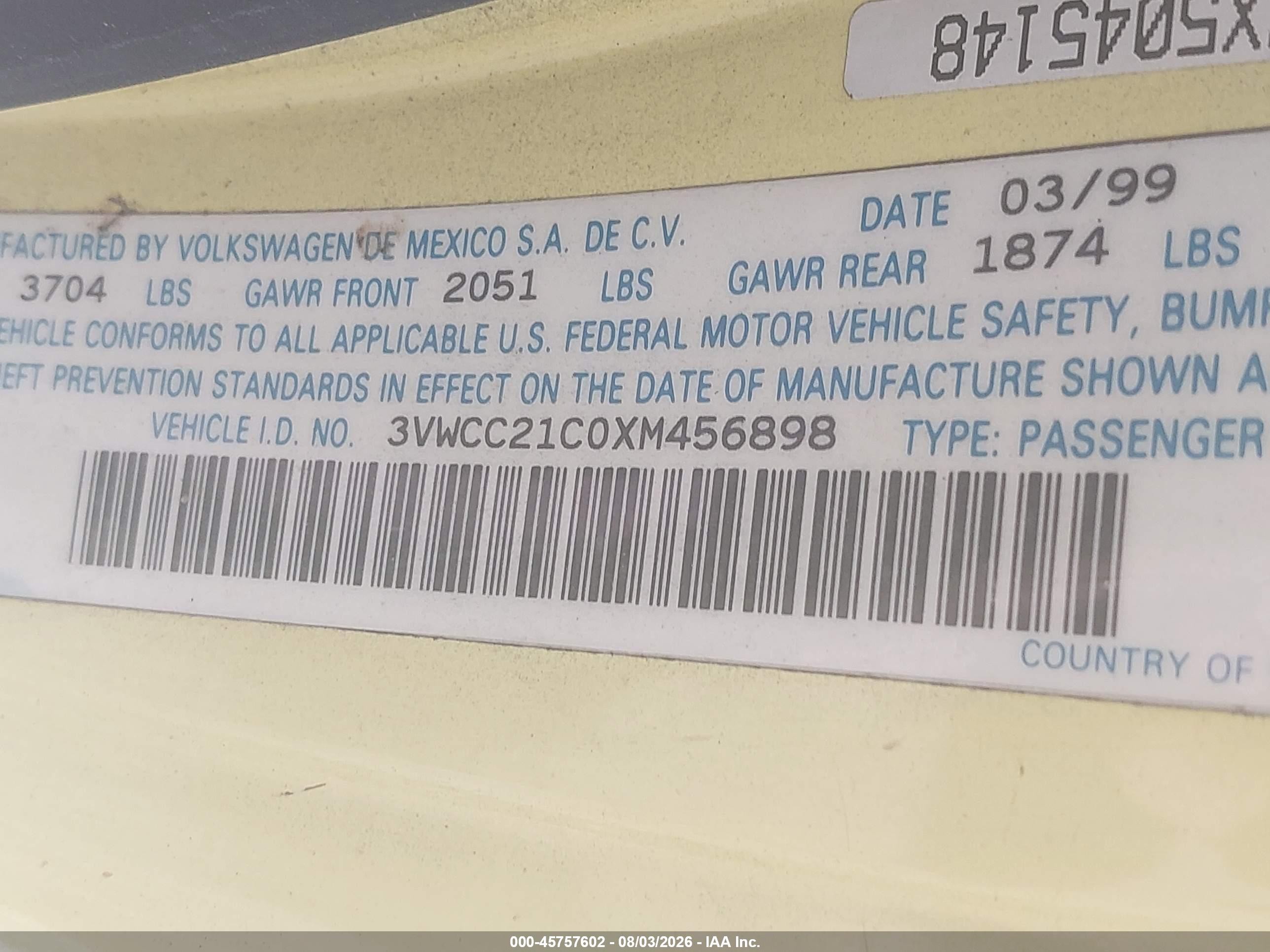 1999 Volkswagen New Beetle Gls Yellow vin: 3VWCC21C0XM456898