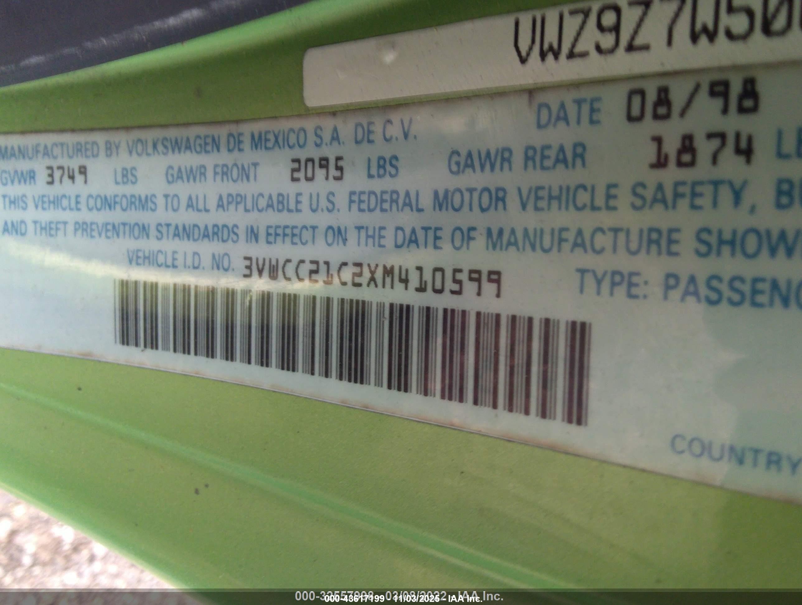 1999 Volkswagen New Beetle Gls Green vin: 3VWCC21C2XM410599