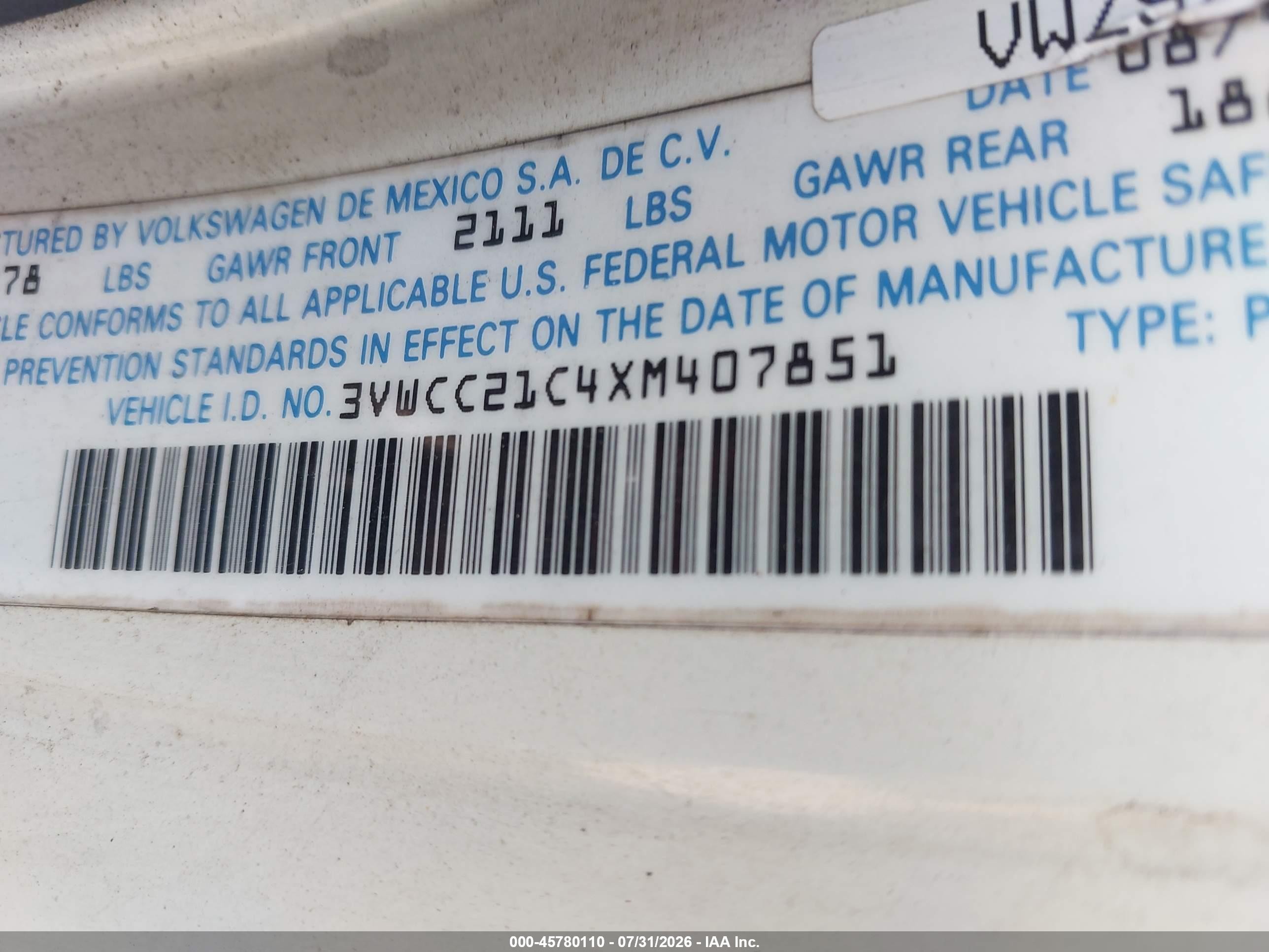 1999 Volkswagen New Beetle Gls White vin: 3VWCC21C4XM407851