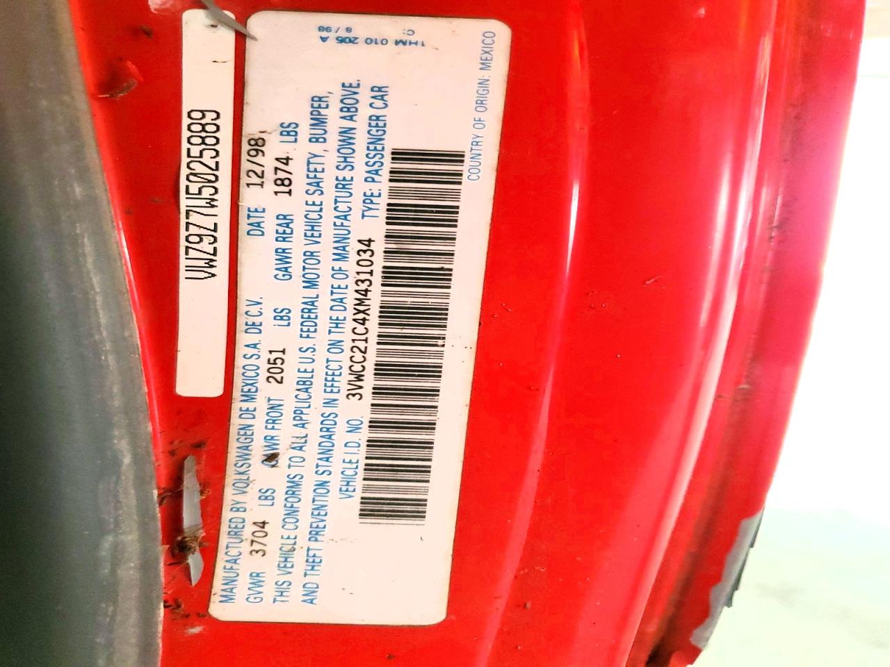 1999 Volkswagen New Beetle Gls Red vin: 3VWCC21C4XM431034