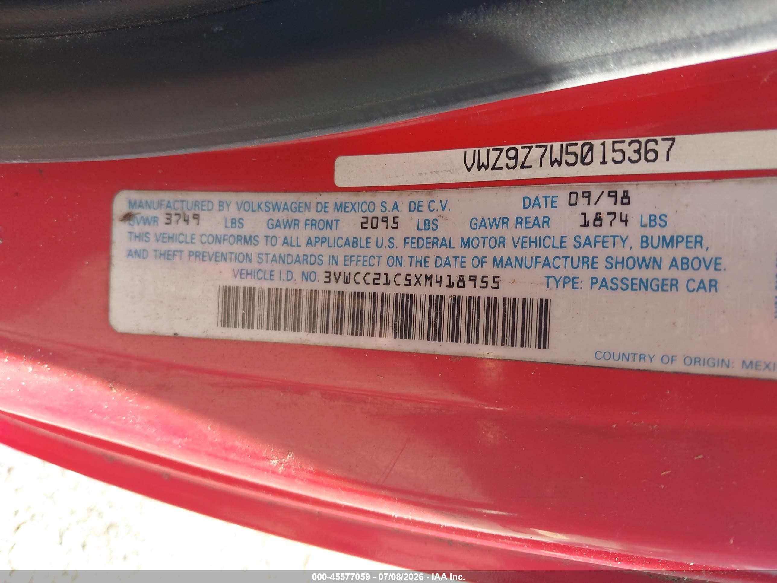 1999 Volkswagen New Beetle Gls Red vin: 3VWCC21C5XM418955
