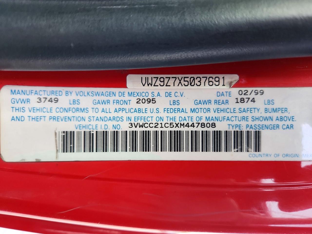 1999 Volkswagen New Beetle Gls Red vin: 3VWCC21C5XM447808