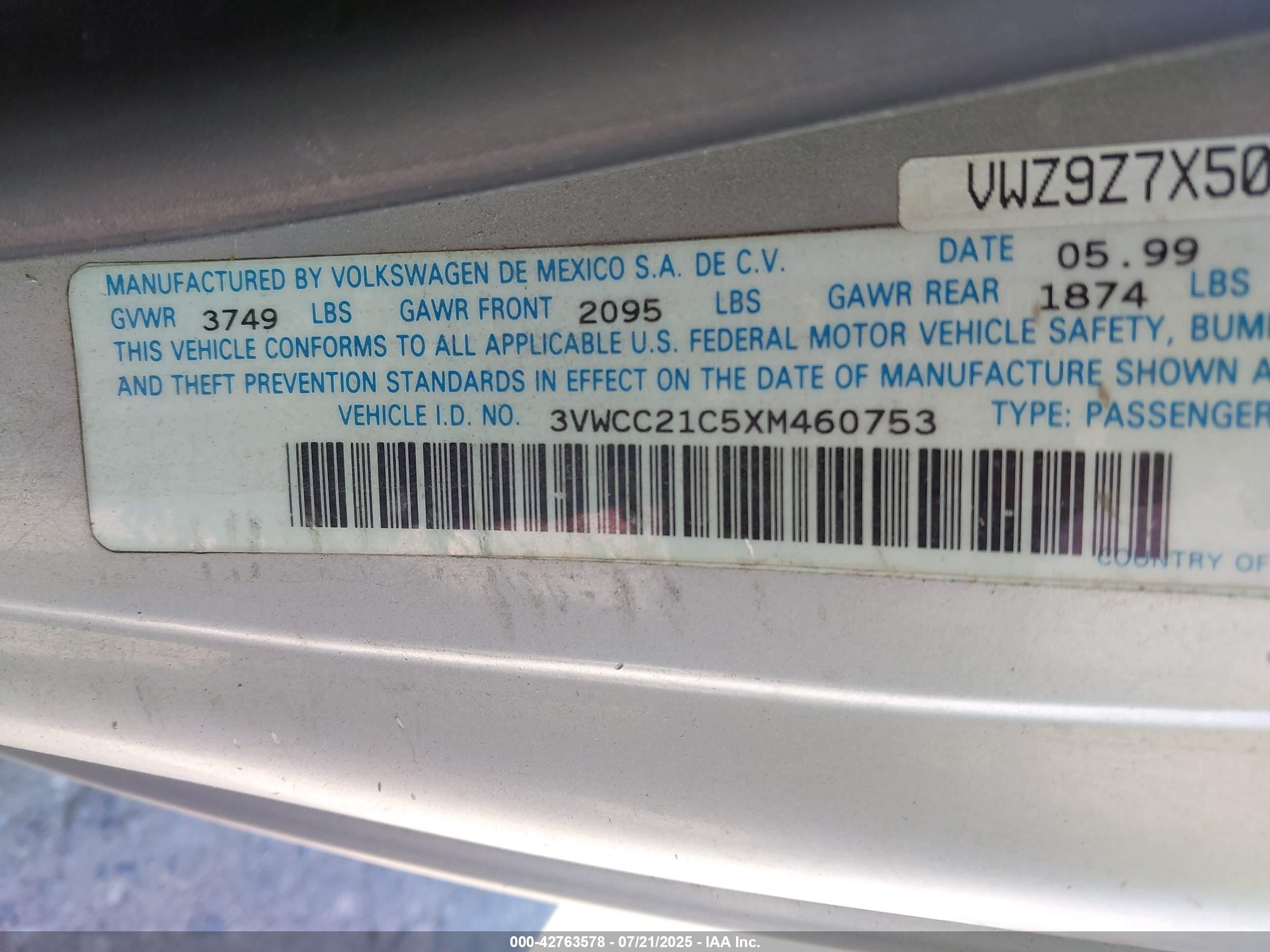 1999 Volkswagen New Beetle Gls Silver vin: 3VWCC21C5XM460753
