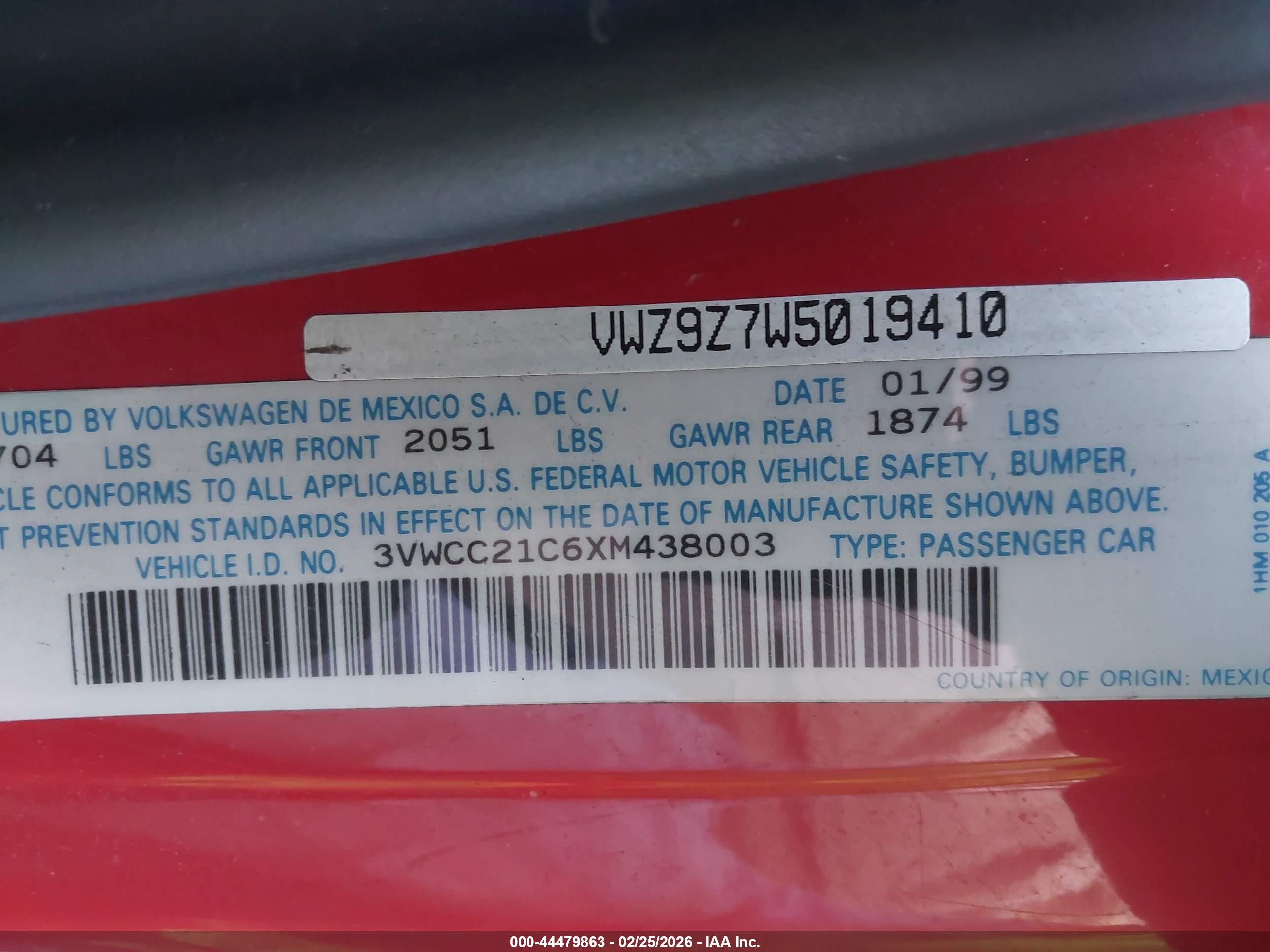 1999 Volkswagen New Beetle Gls Red vin: 3VWCC21C6XM438003