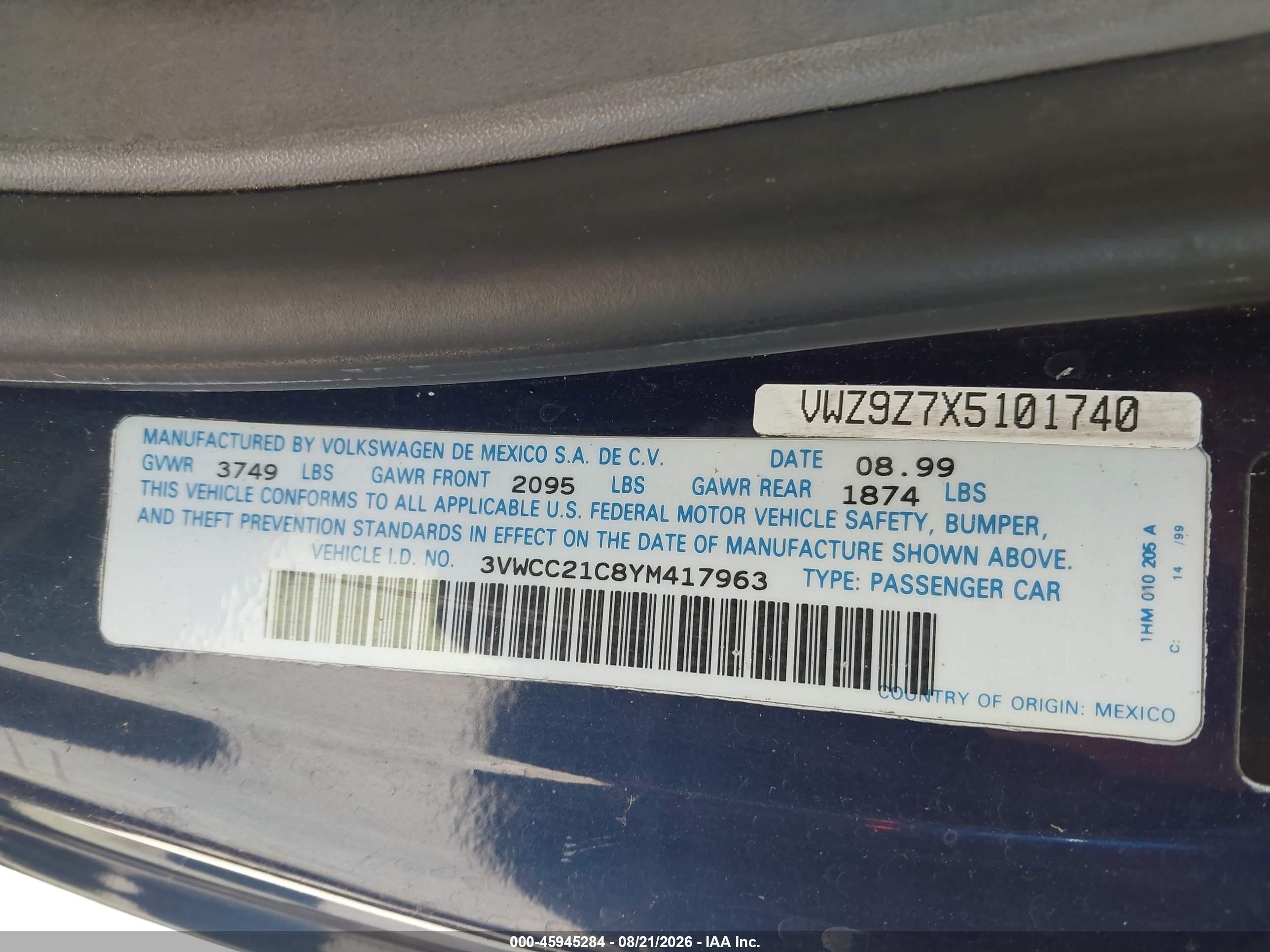 2000 Volkswagen New Beetle Gls Blue vin: 3VWCC21C8YM417963