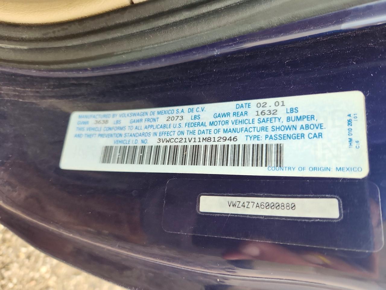 2001 Volkswagen Cabrio Gls Blue vin: 3VWCC21V11M812946