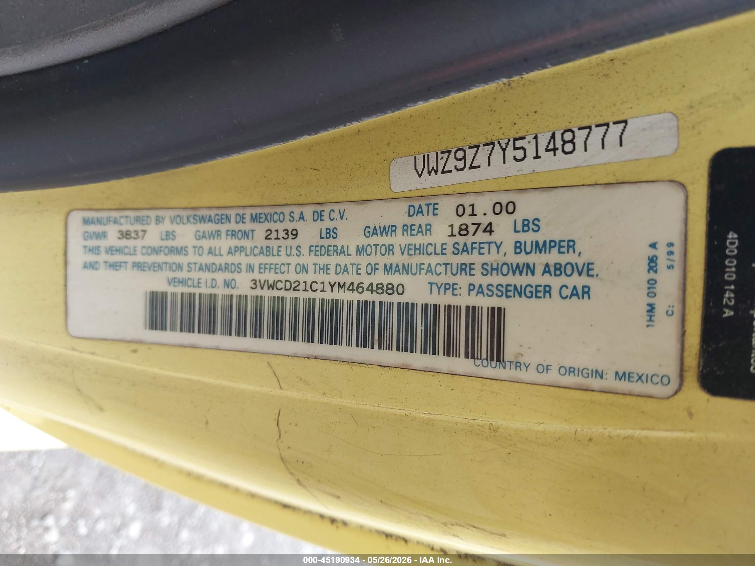 2000 Volkswagen New Beetle Gls 1.8l Turbo Yellow vin: 3VWCD21C1YM464880