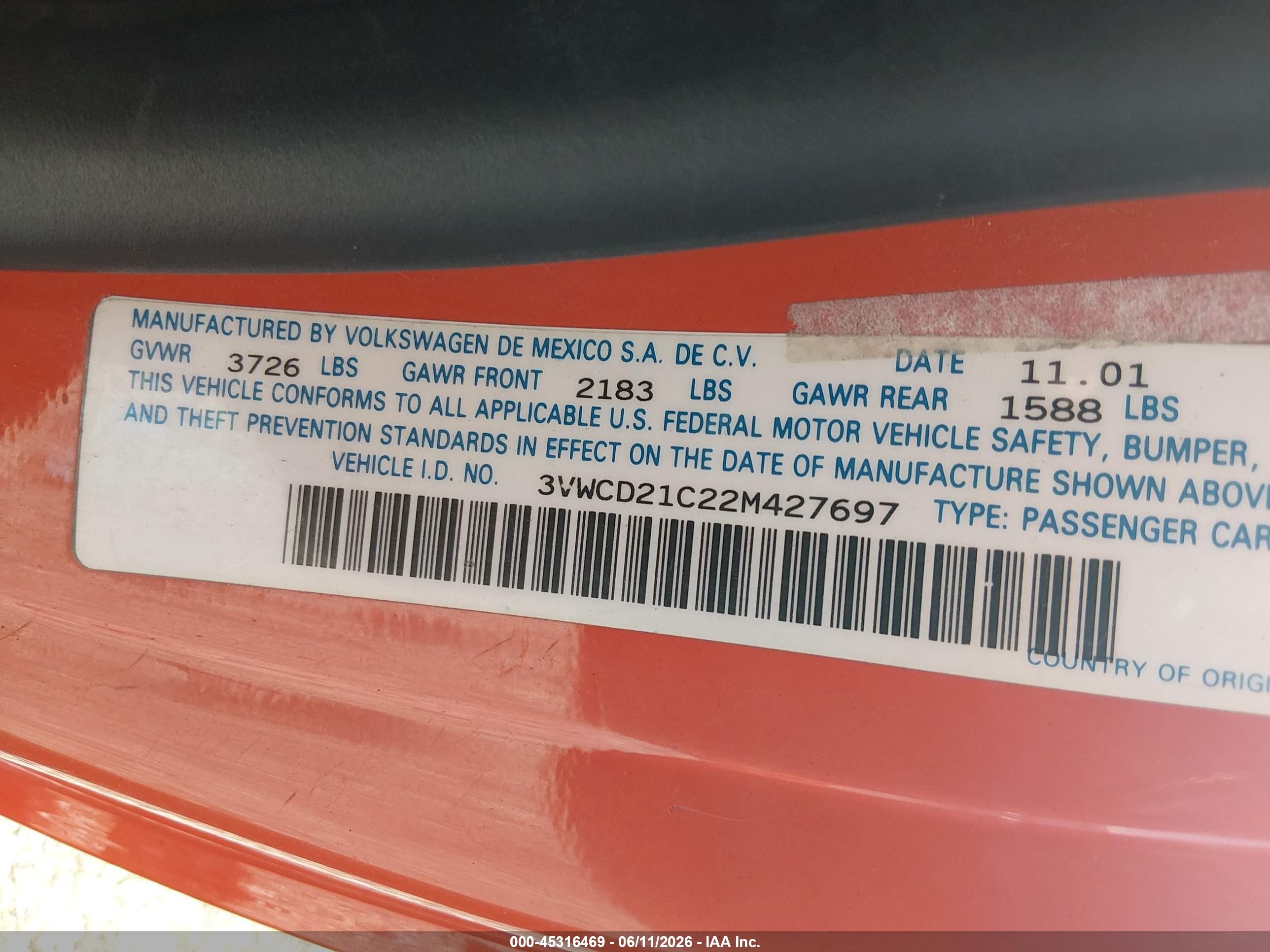2002 Volkswagen New Beetle Gls 1.8l Turbo Orange vin: 3VWCD21C22M427697