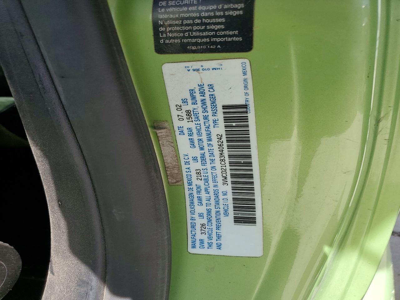 2003 Volkswagen New Beetle Gls Green vin: 3VWCD21C83M406242