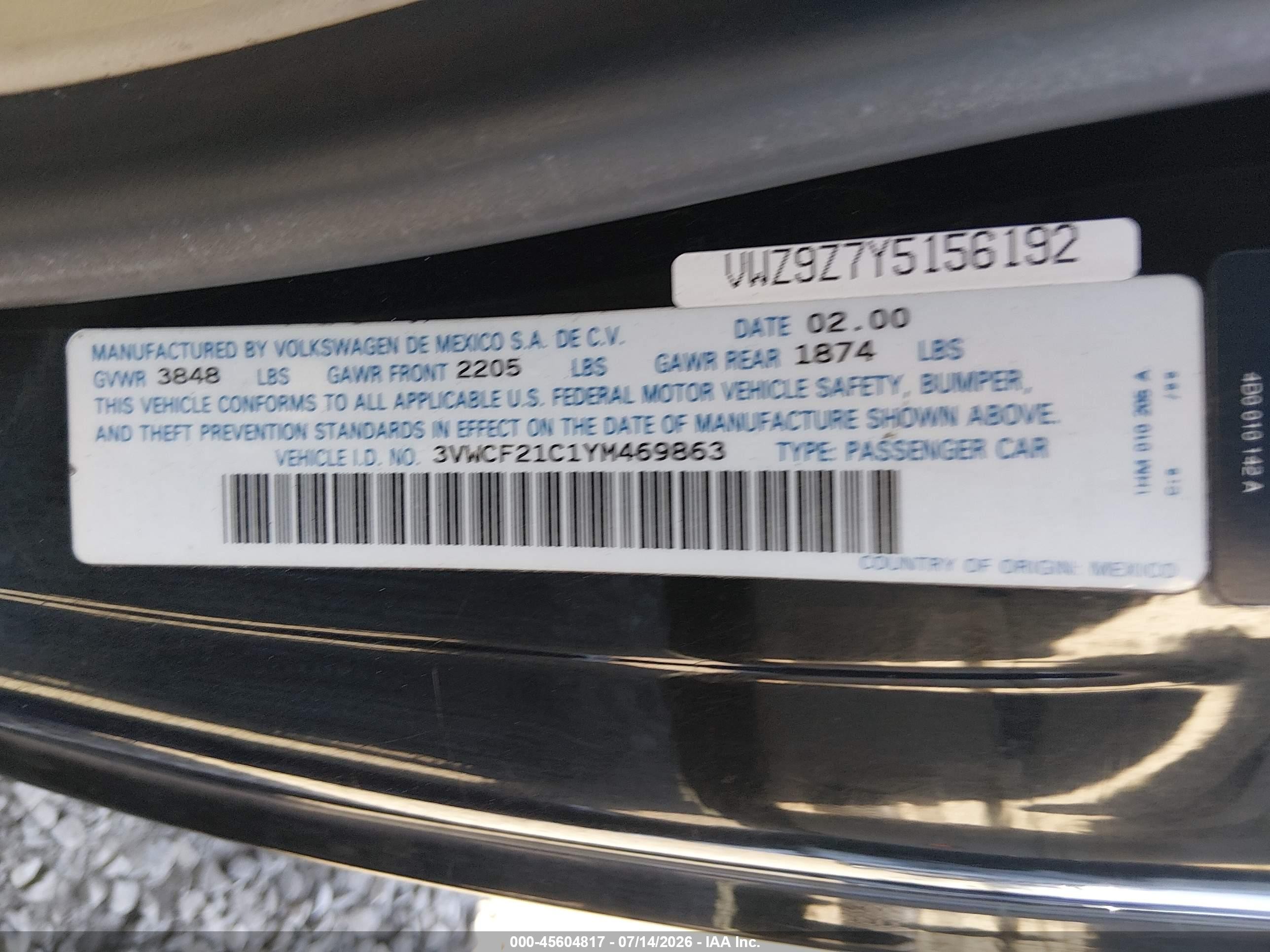 2000 Volkswagen New Beetle Gls Tdi Black vin: 3VWCF21C1YM469863