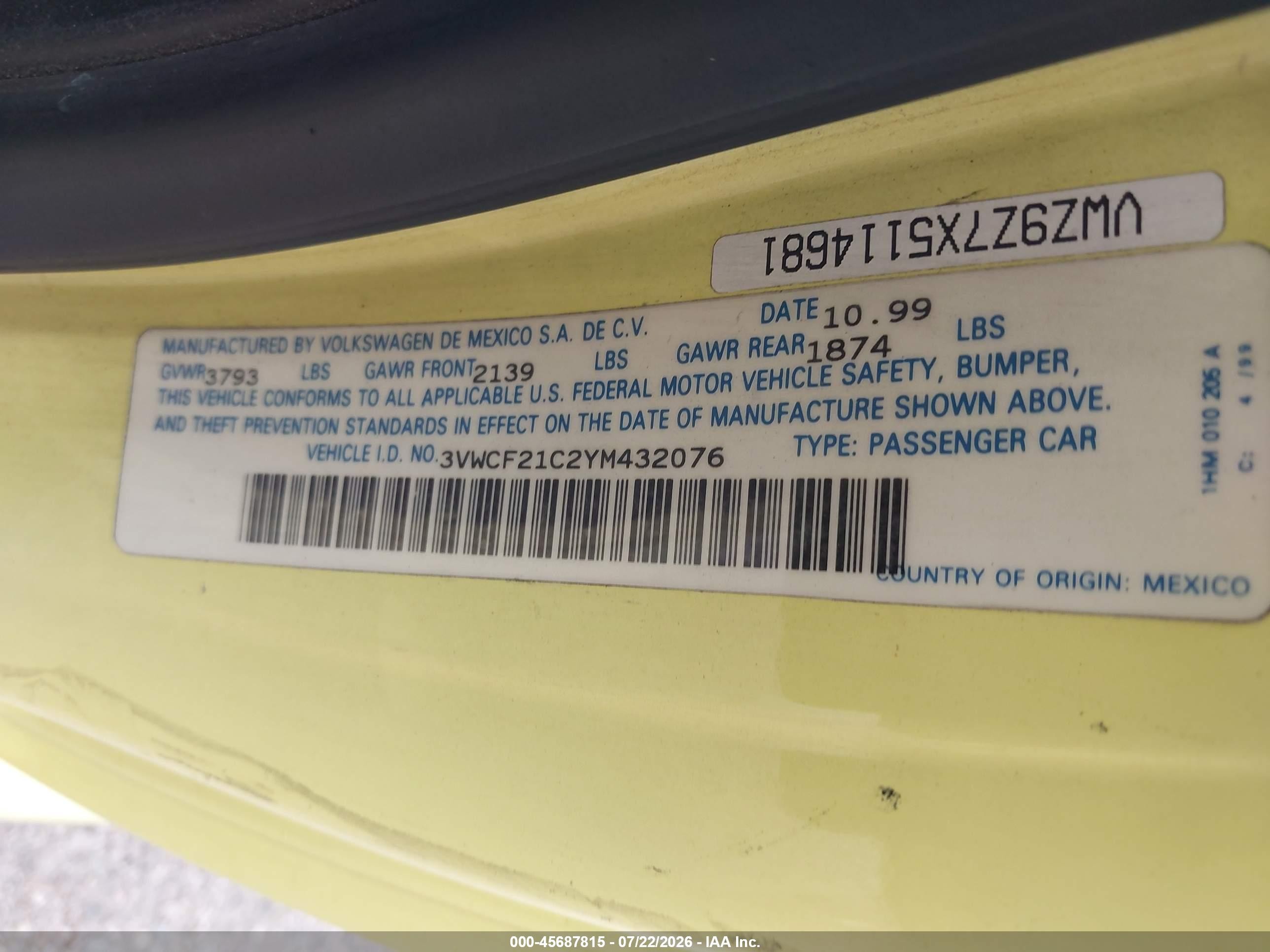 2000 Volkswagen New Beetle Gls Tdi Yellow vin: 3VWCF21C2YM432076