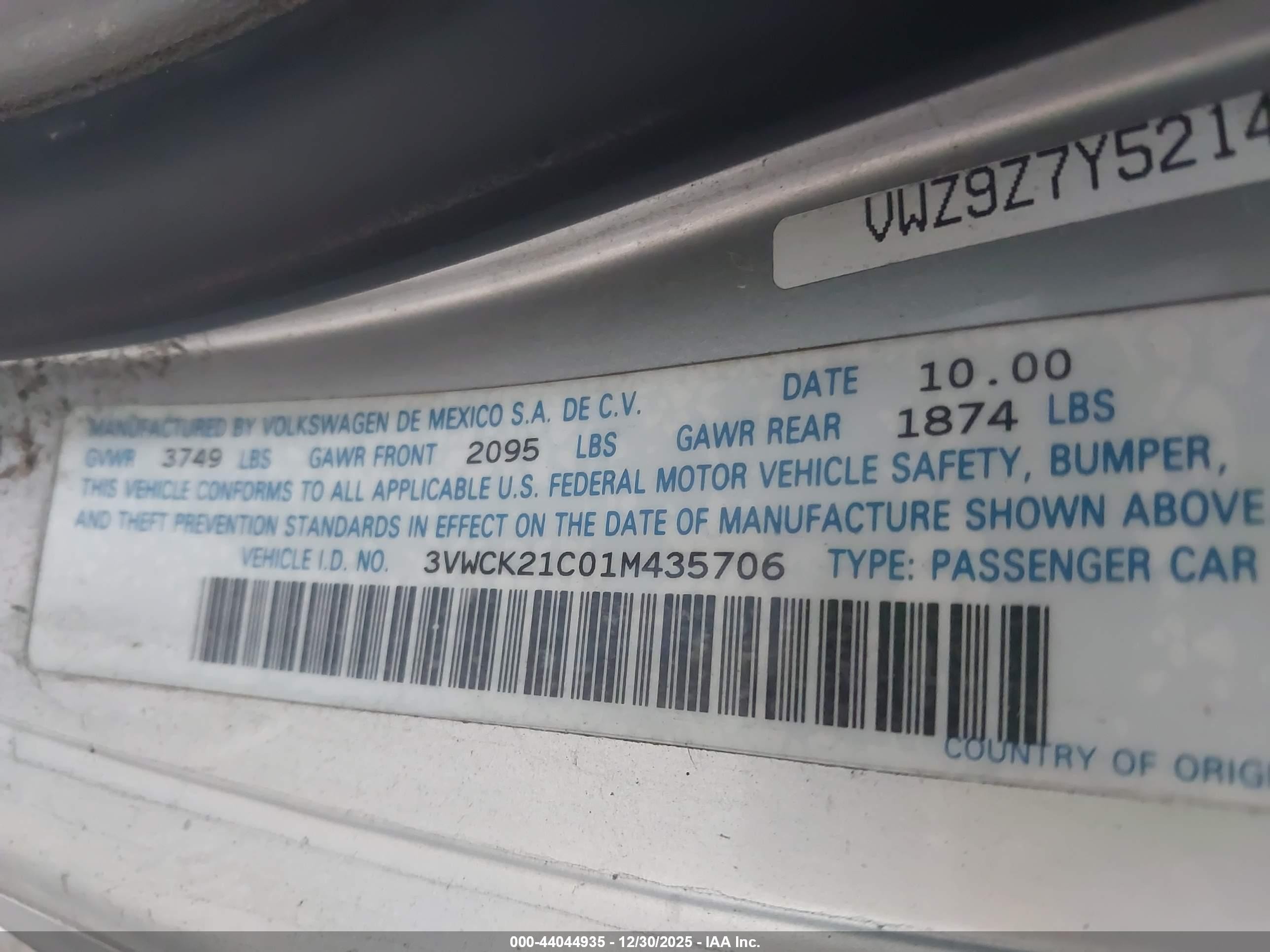 2001 Volkswagen New Beetle Gls Серебряный vin: 3VWCK21C01M435706