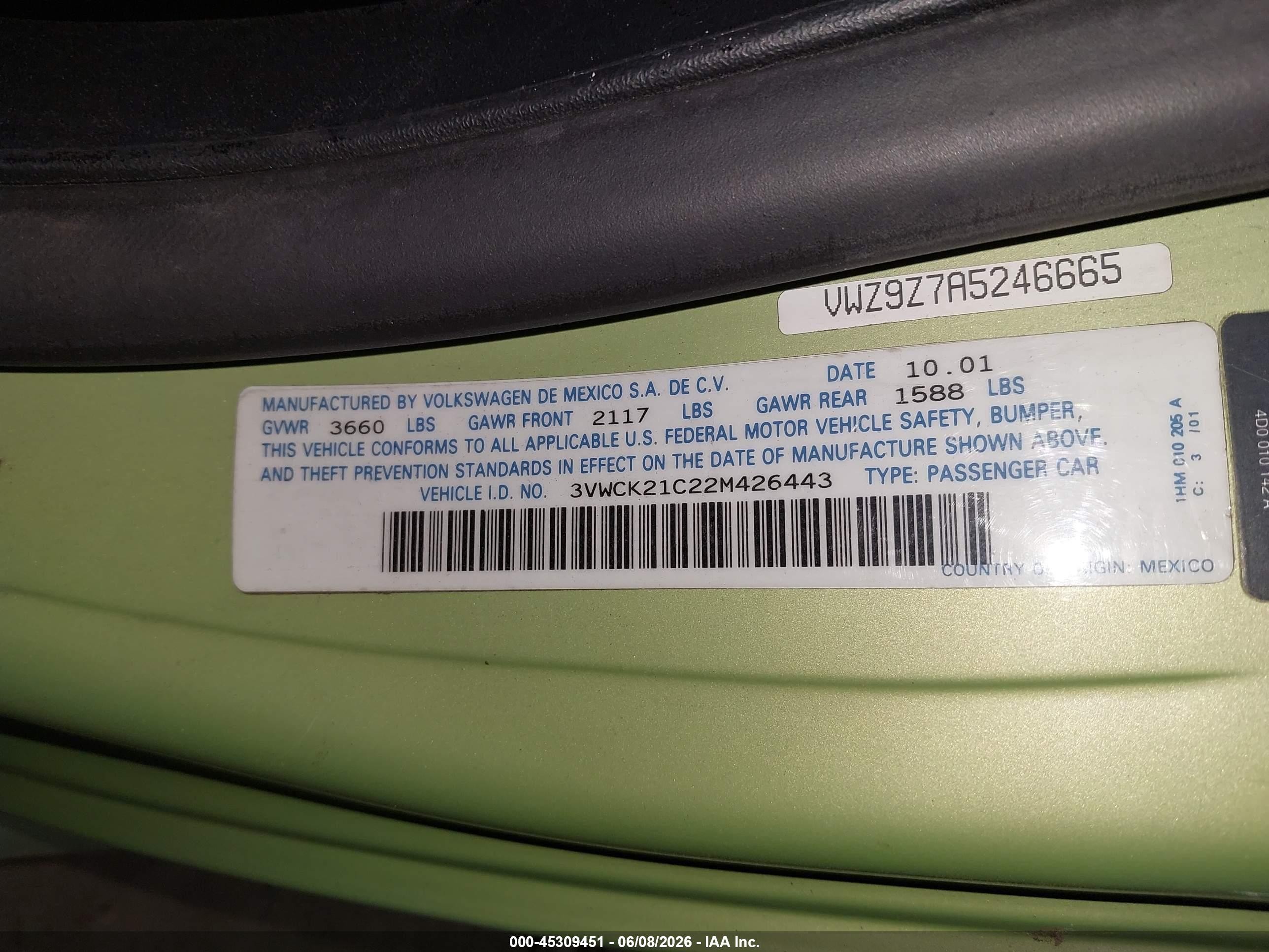 2002 Volkswagen New Beetle Gls Green vin: 3VWCK21C22M426443