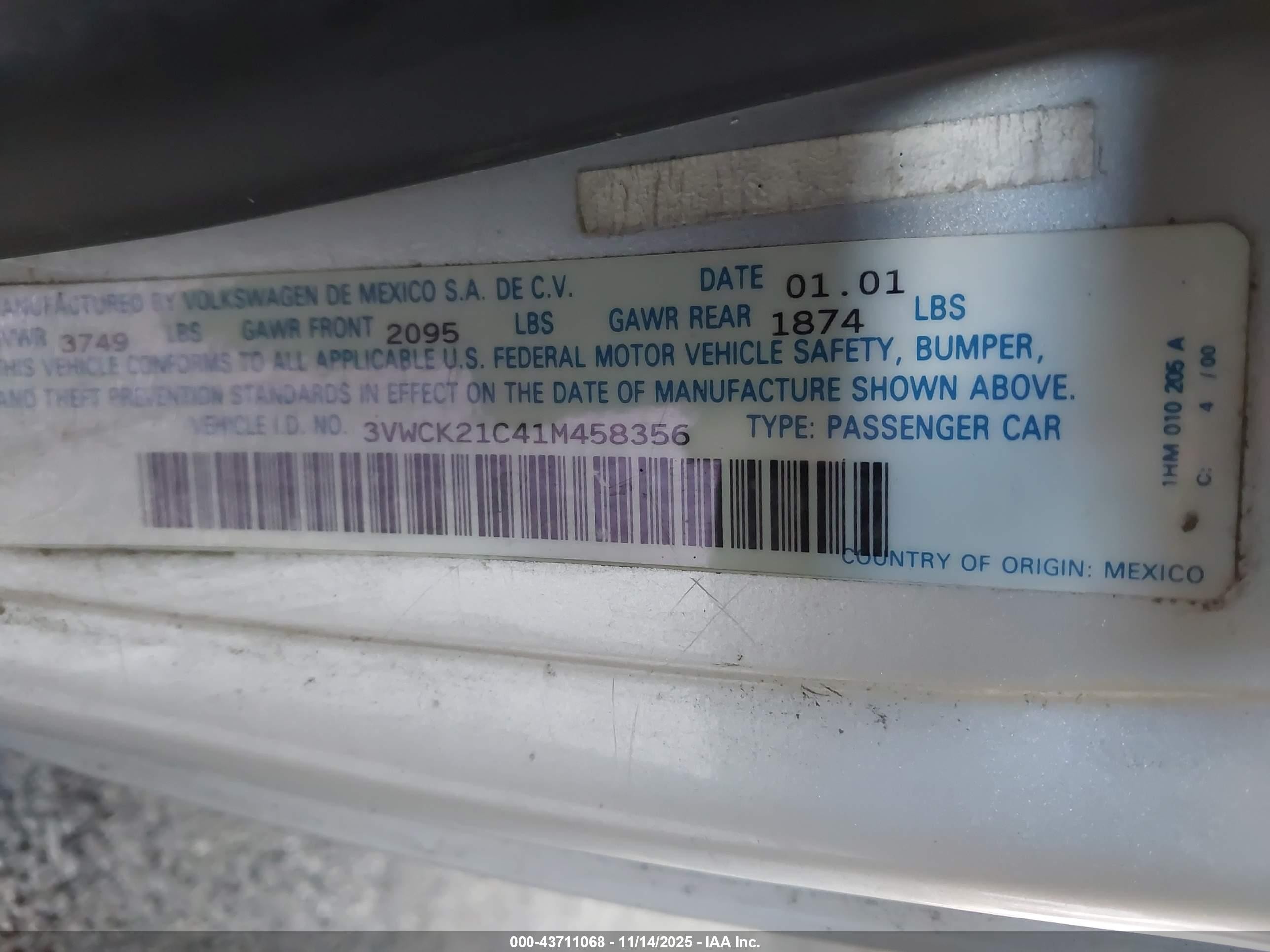 2001 Volkswagen New Beetle Gls Серебряный vin: 3VWCK21C41M458356
