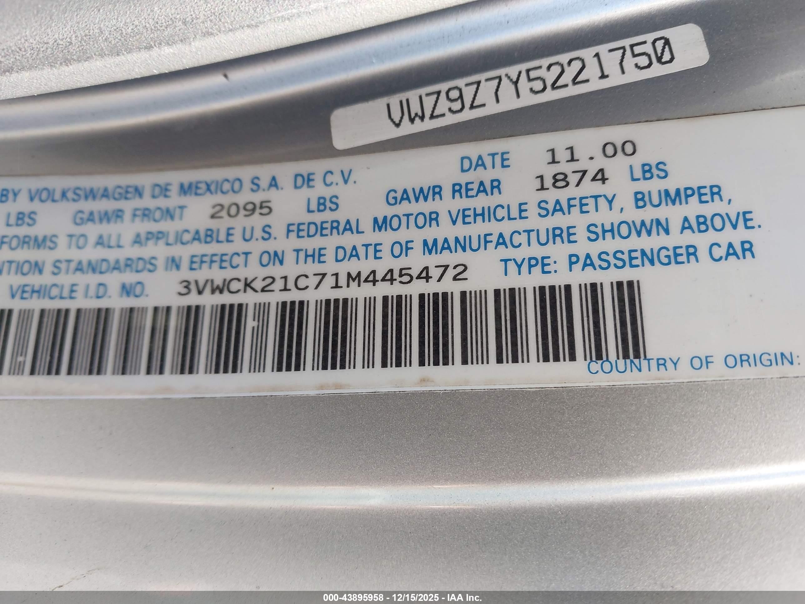 2001 Volkswagen New Beetle Gls Silver vin: 3VWCK21C71M445472