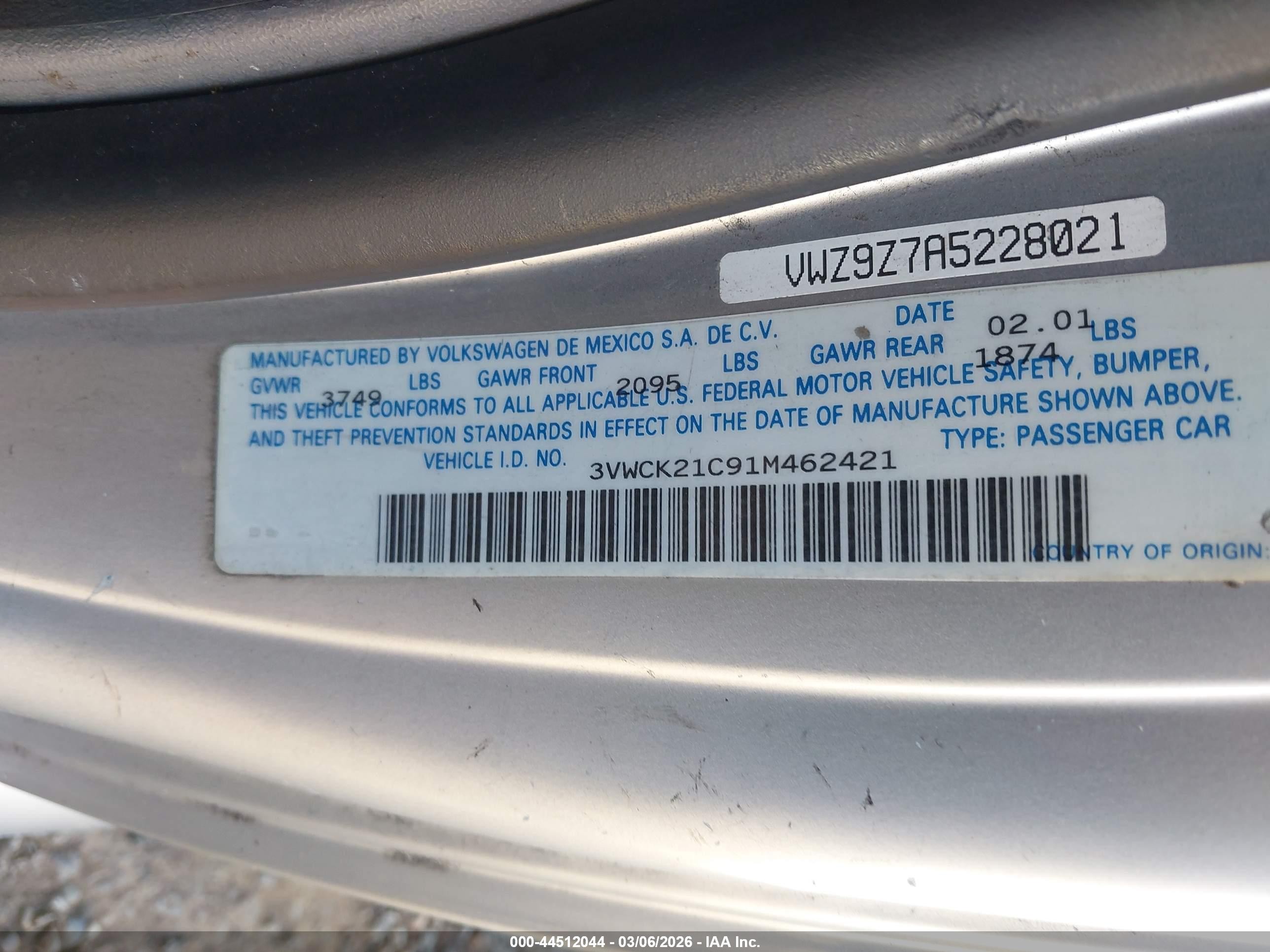 2001 Volkswagen New Beetle Gls Silver vin: 3VWCK21C91M462421