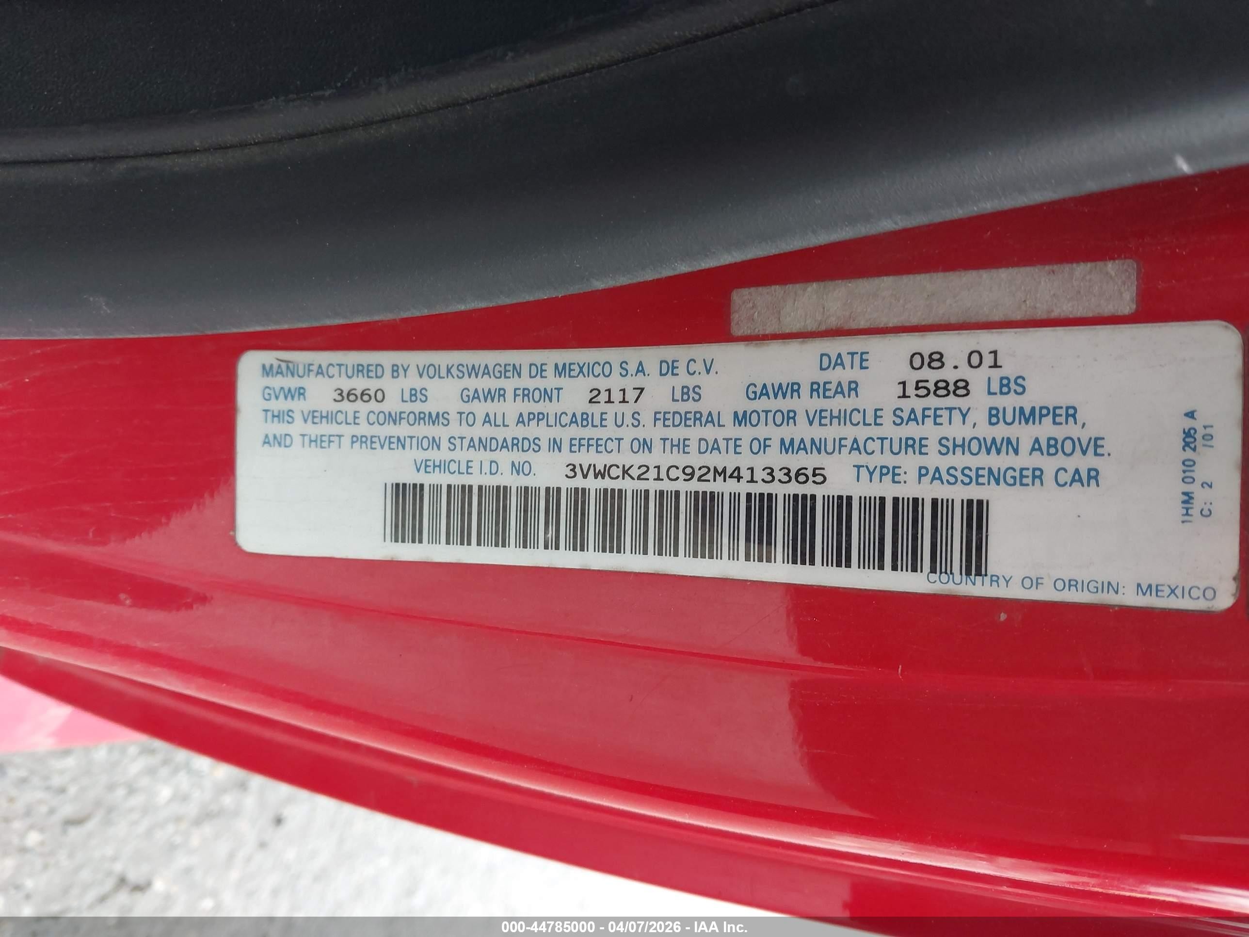 2002 Volkswagen New Beetle Gls Red vin: 3VWCK21C92M413365