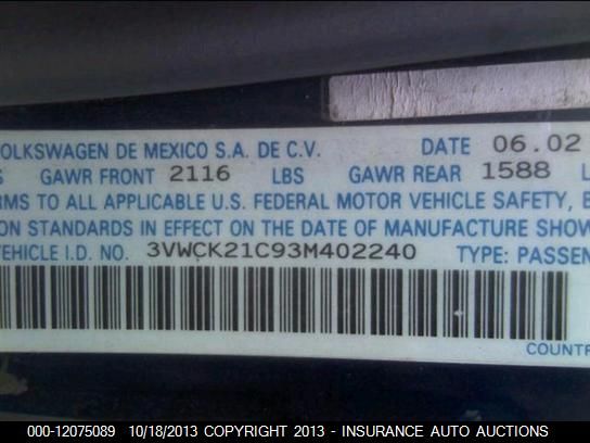 2003 Volkswagen New Beetle Gls 2.0l vin: 3VWCK21C93M402240