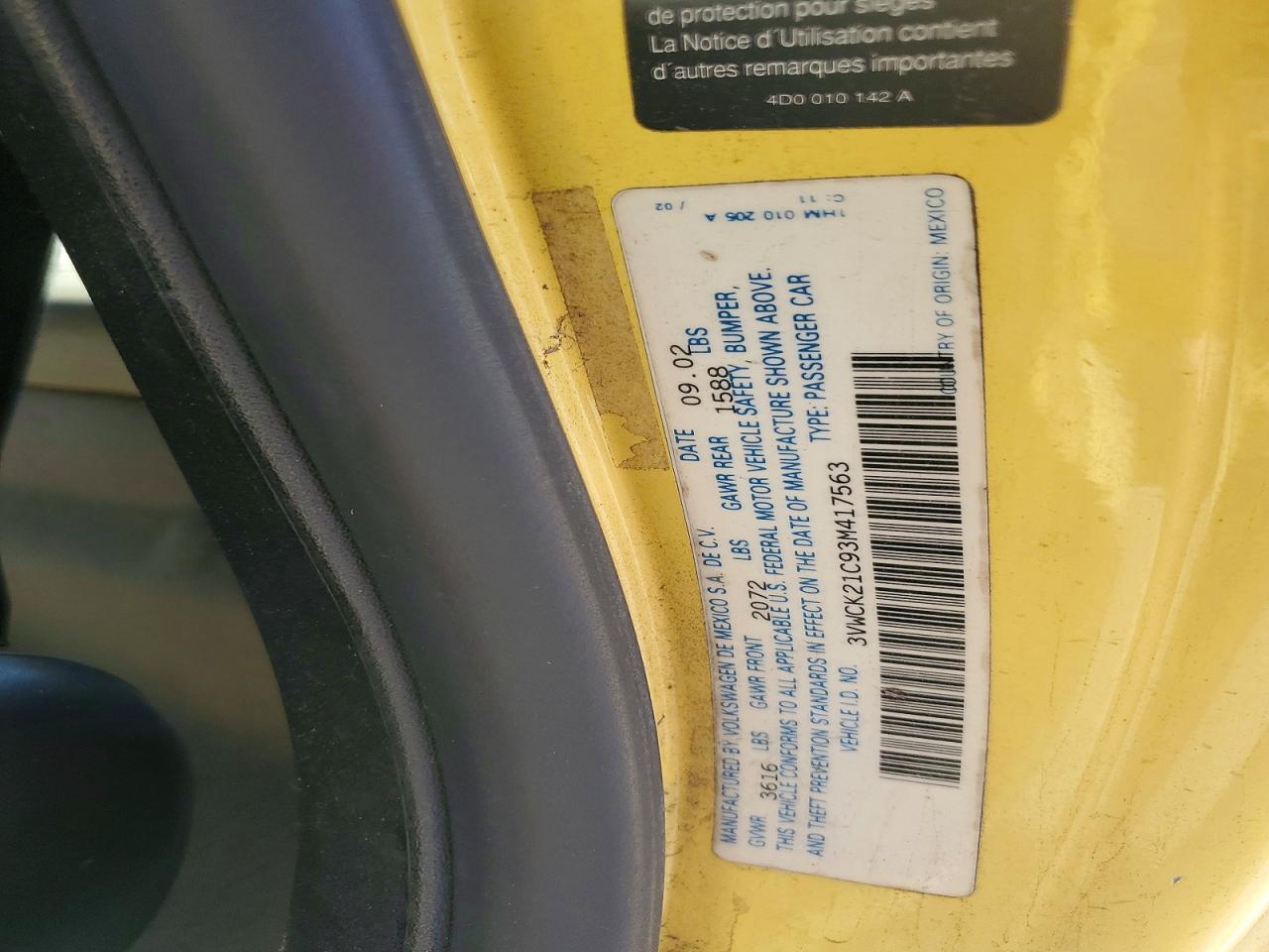2003 Volkswagen New Beetle Gls Yellow vin: 3VWCK21C93M417563