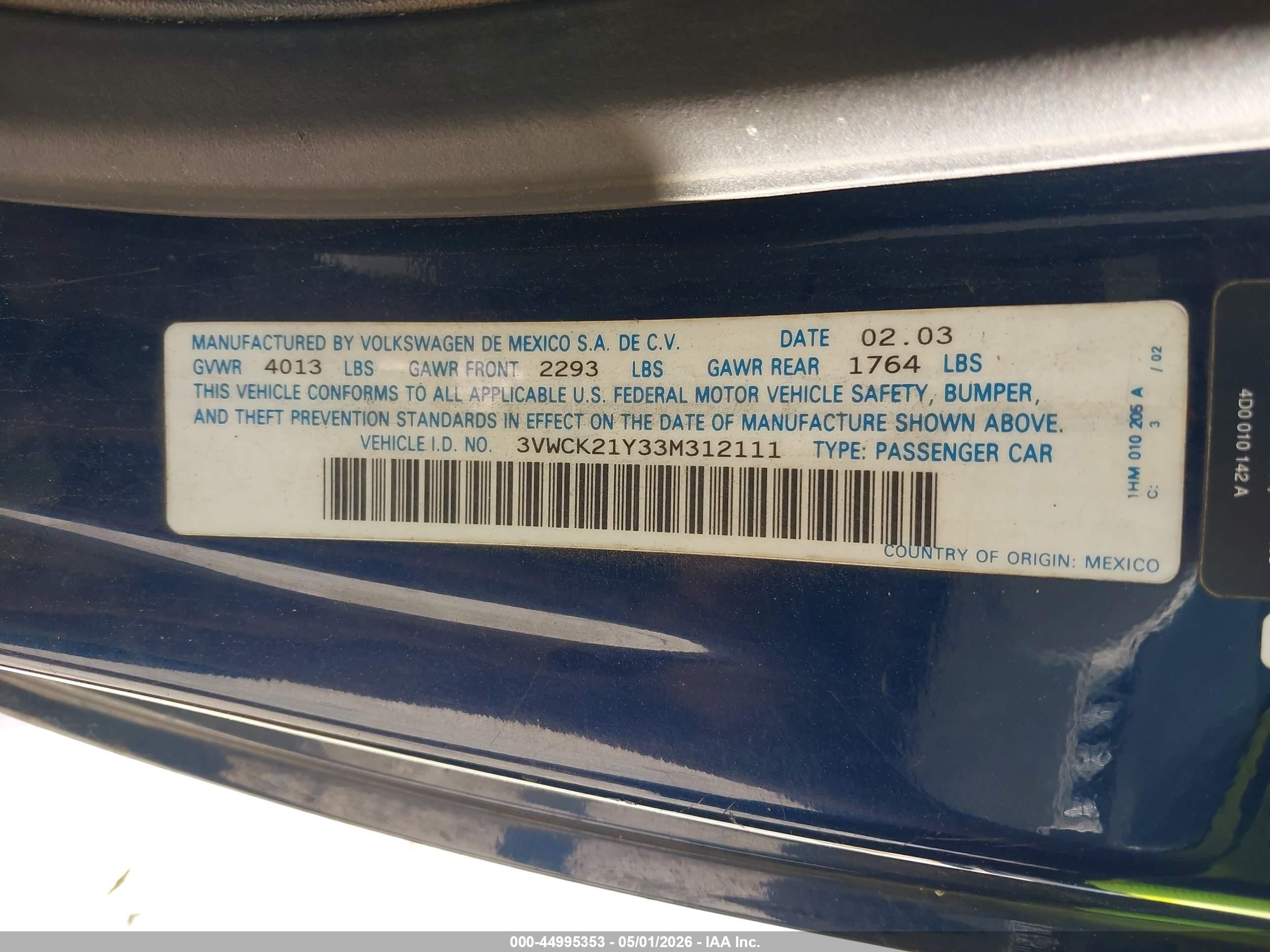 2003 Volkswagen New Beetle Gls Dark Blue vin: 3VWCK21Y33M312111