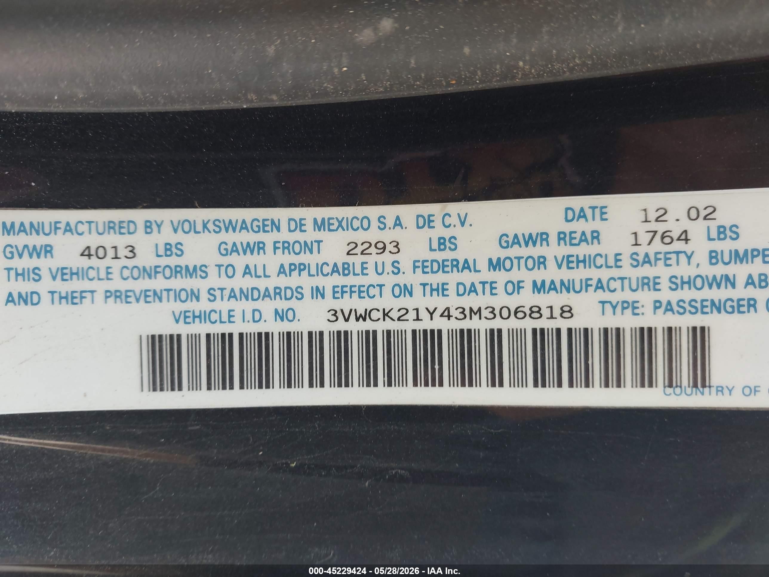 2003 Volkswagen New Beetle Gls Black vin: 3VWCK21Y43M306818