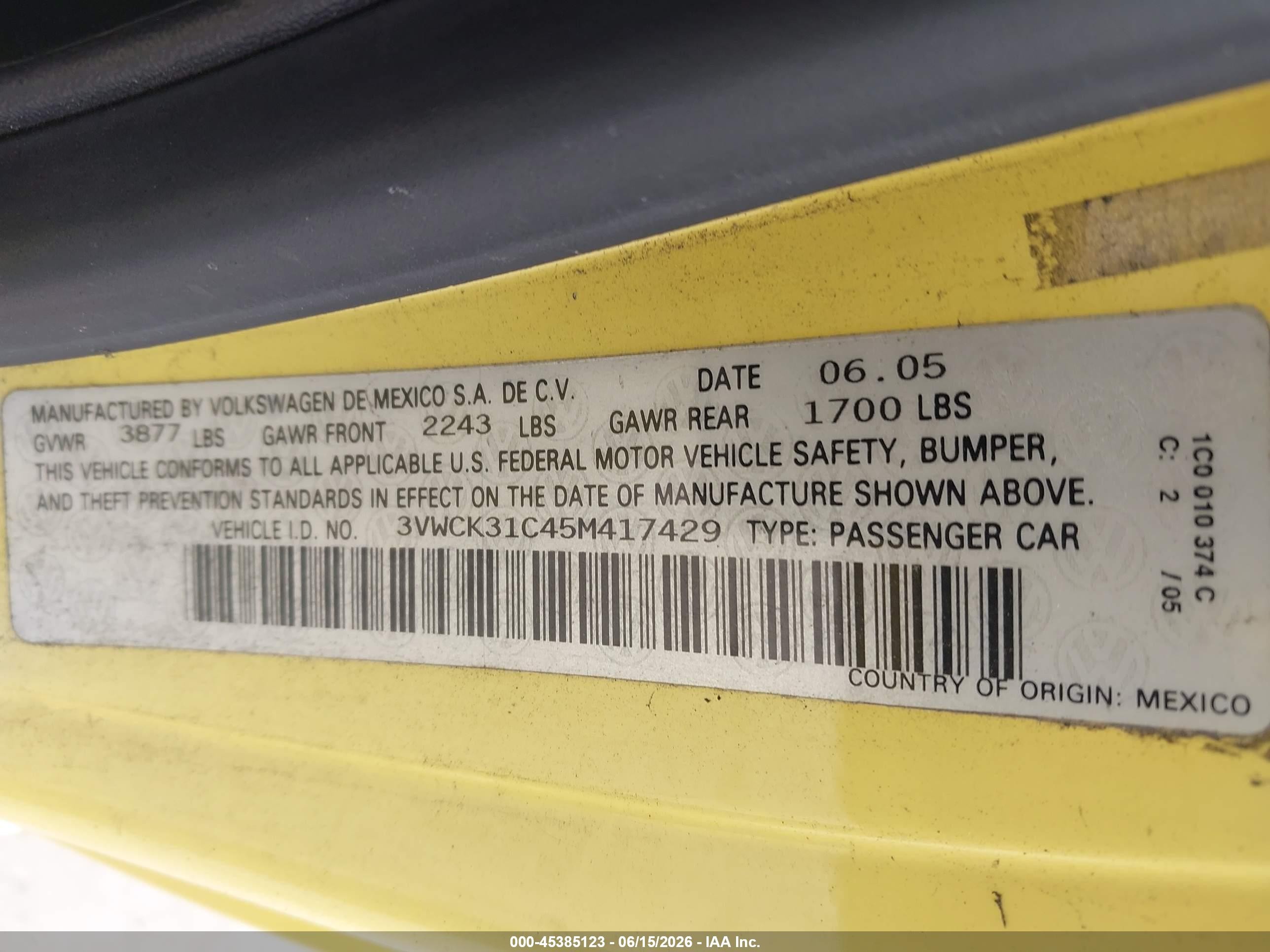 2005 Volkswagen New Beetle Gls Yellow vin: 3VWCK31C45M417429