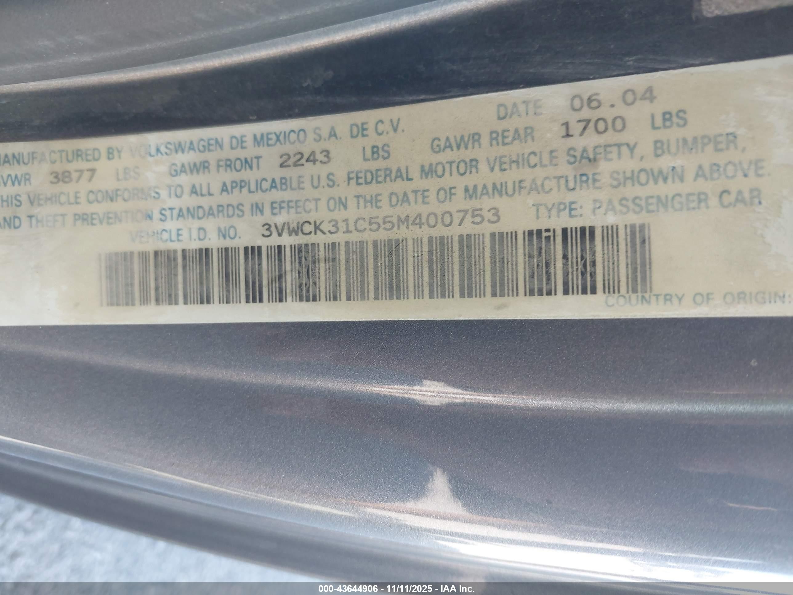 2005 Volkswagen New Beetle Coupe Gls Gray vin: 3VWCK31C55M400753