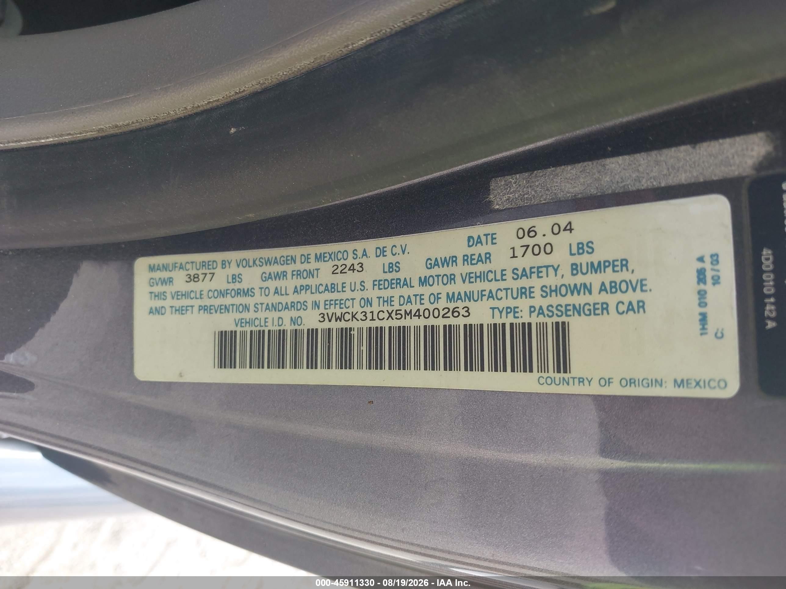 2005 Volkswagen New Beetle Gls Gray vin: 3VWCK31CX5M400263
