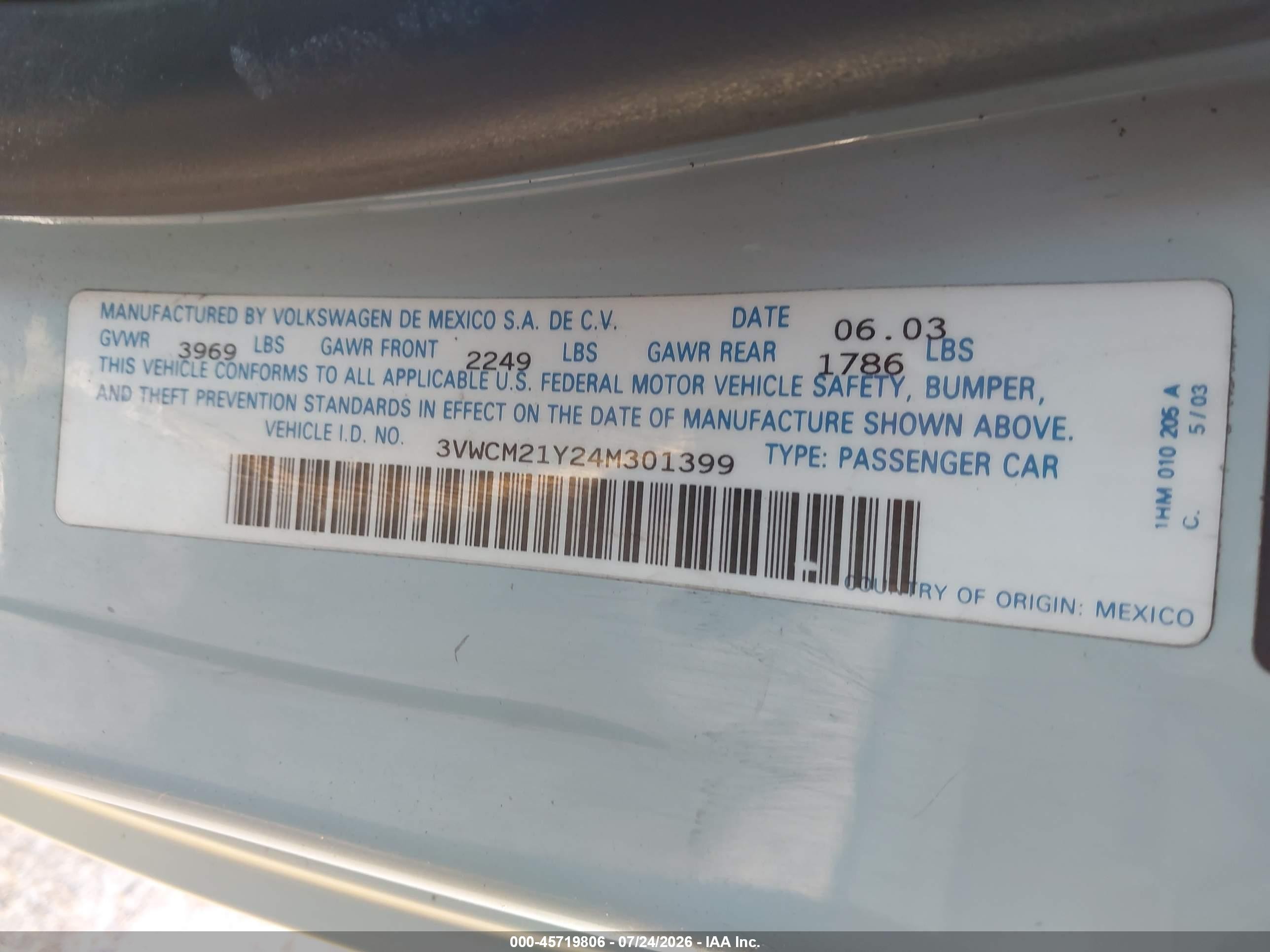 2004 Volkswagen New Beetle Gls Light Blue vin: 3VWCM21Y24M301399