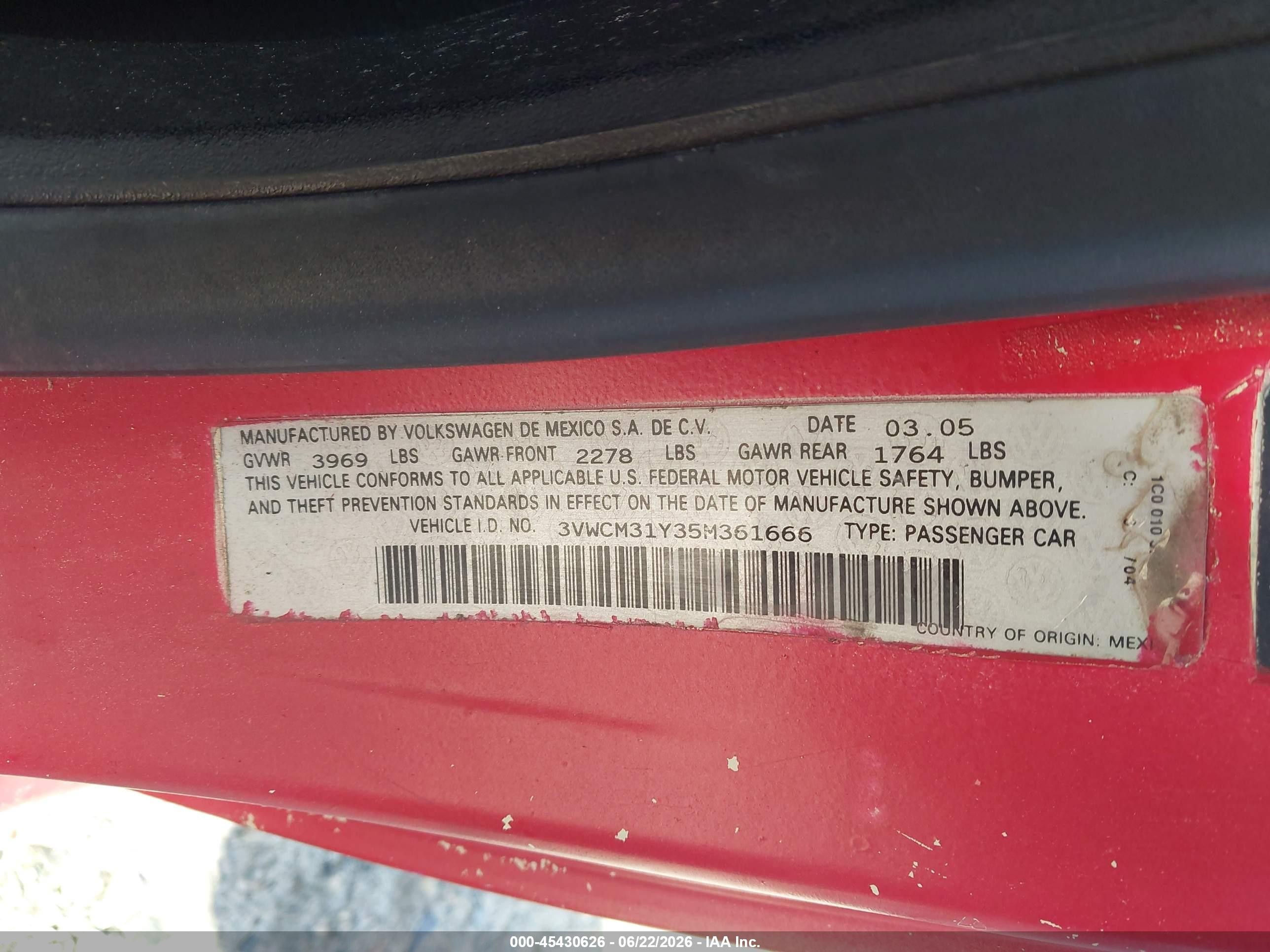 2005 Volkswagen New Beetle Gls Red vin: 3VWCM31Y35M361666