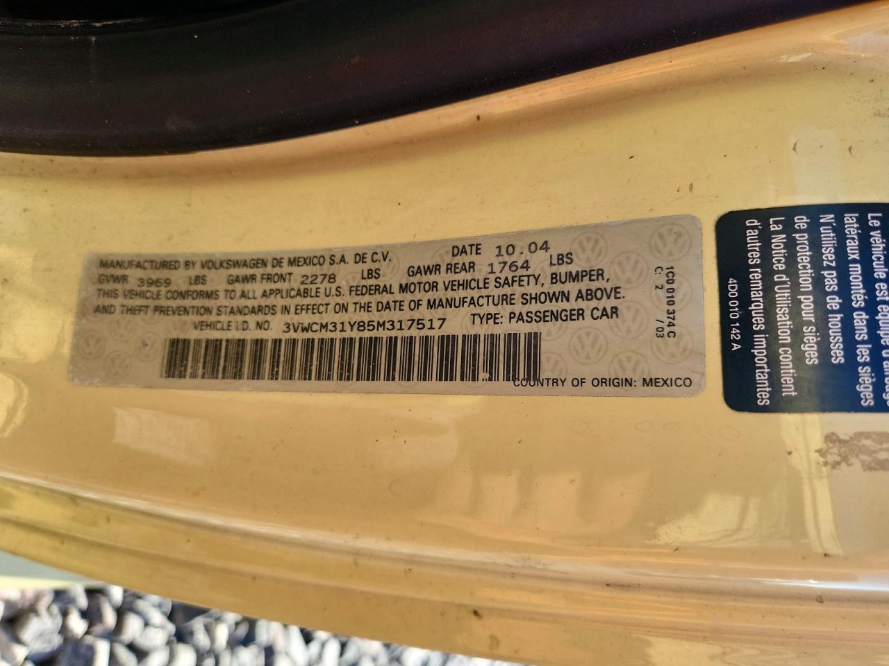 2005 Volkswagen New Beetle Gls Yellow vin: 3VWCM31Y85M317517