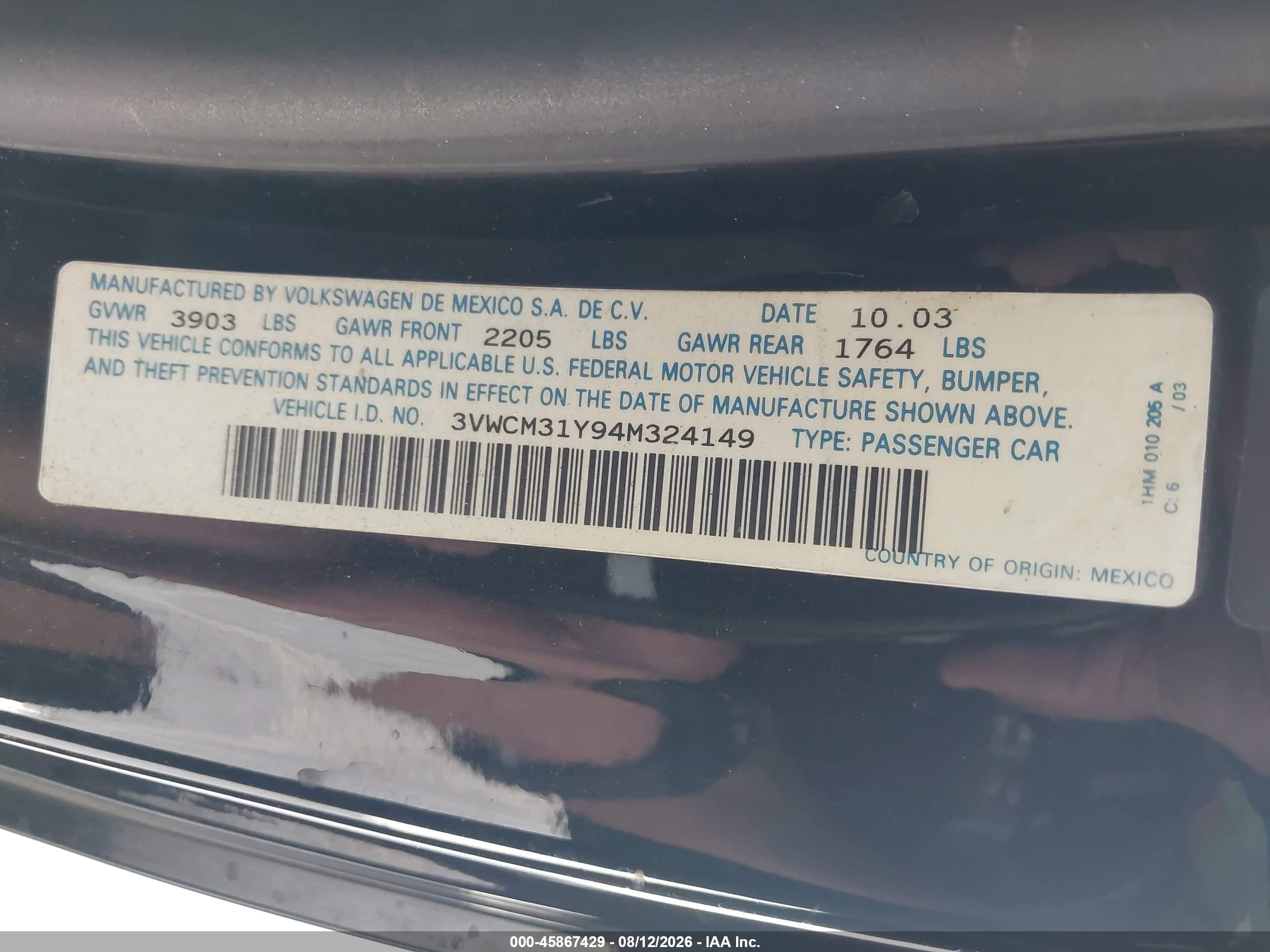 2004 Volkswagen New Beetle Gls Black vin: 3VWCM31Y94M324149